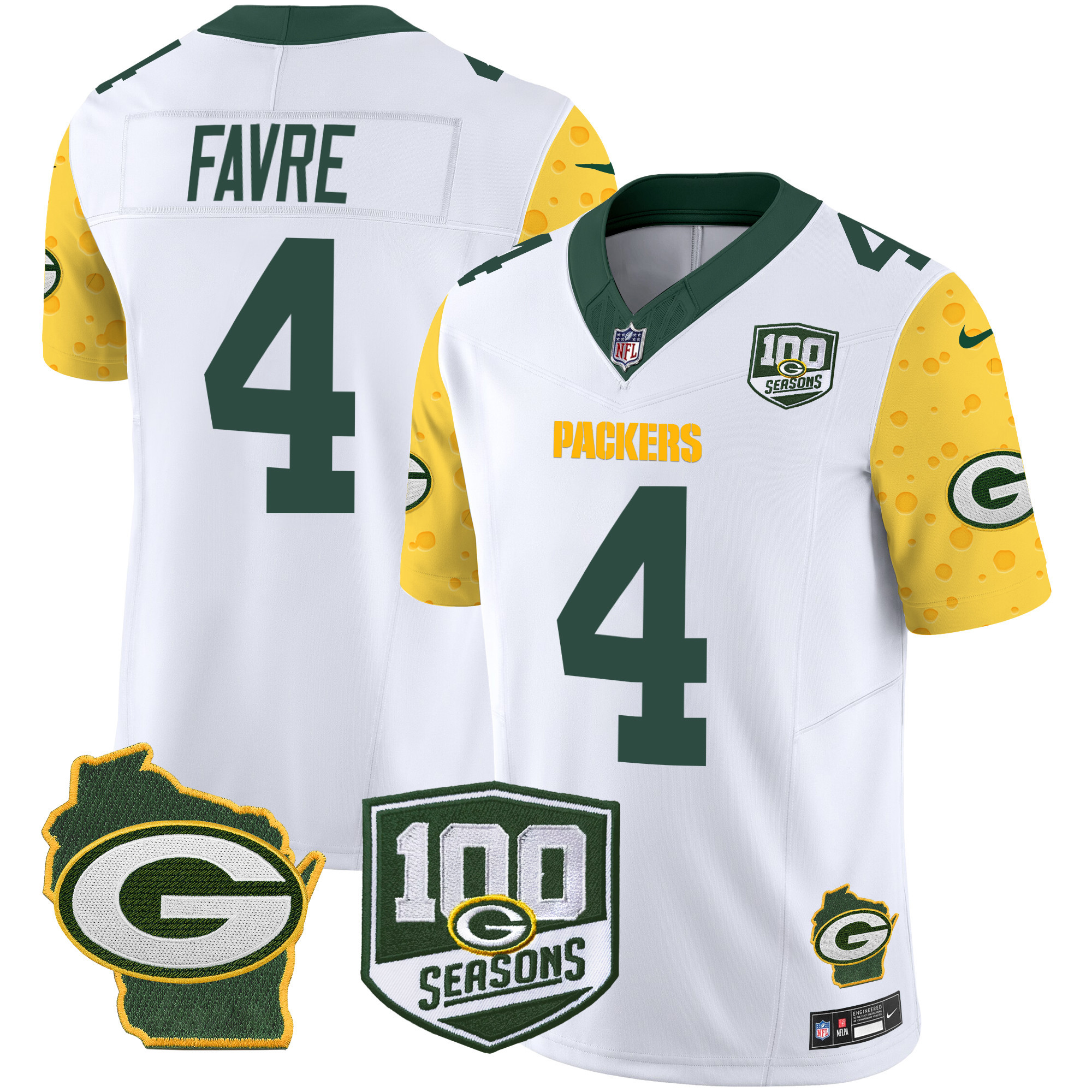 Men's Brett Favre Green Bay Packers 100th Season & Home Patch Cheese Vapor Limited White Jersey â€“ All Stitched