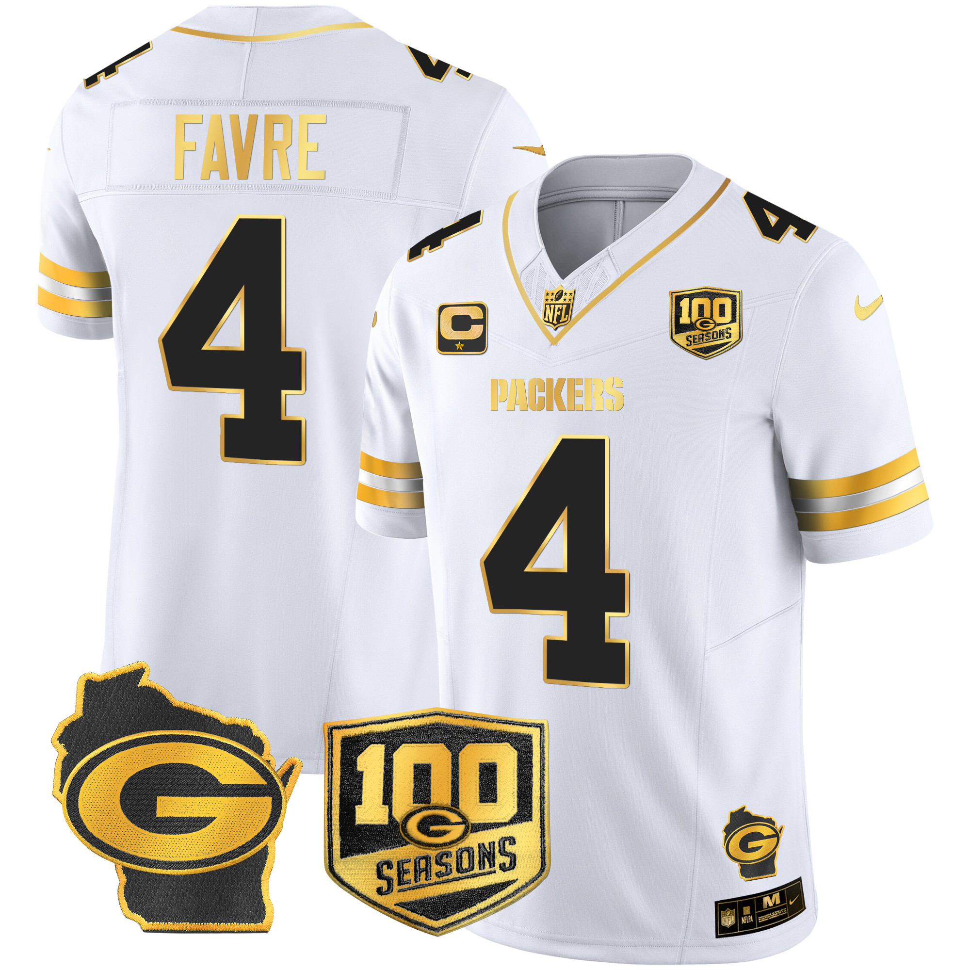 Men's Brett Favre Green Bay Packers 100th Season & Home Patch Gold Vapor Limited White Gold Jersey â€“ All Stitched