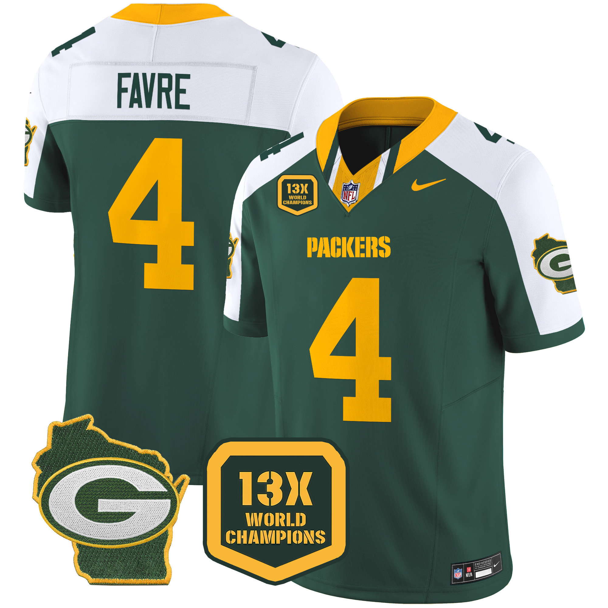Men's Brett Favre Green Bay Packers 13 Time World Champions & Home Patch Vapor Limited Alternate Jersey â€“ All Stitched