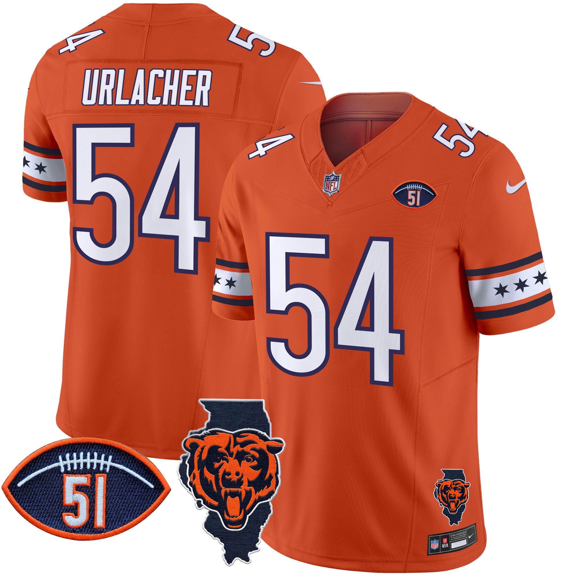 Men's Brian Urlacher Chicago Bears Illinois & Dick Butkus Patch Vapor Limited Orange Jersey - All Stitched