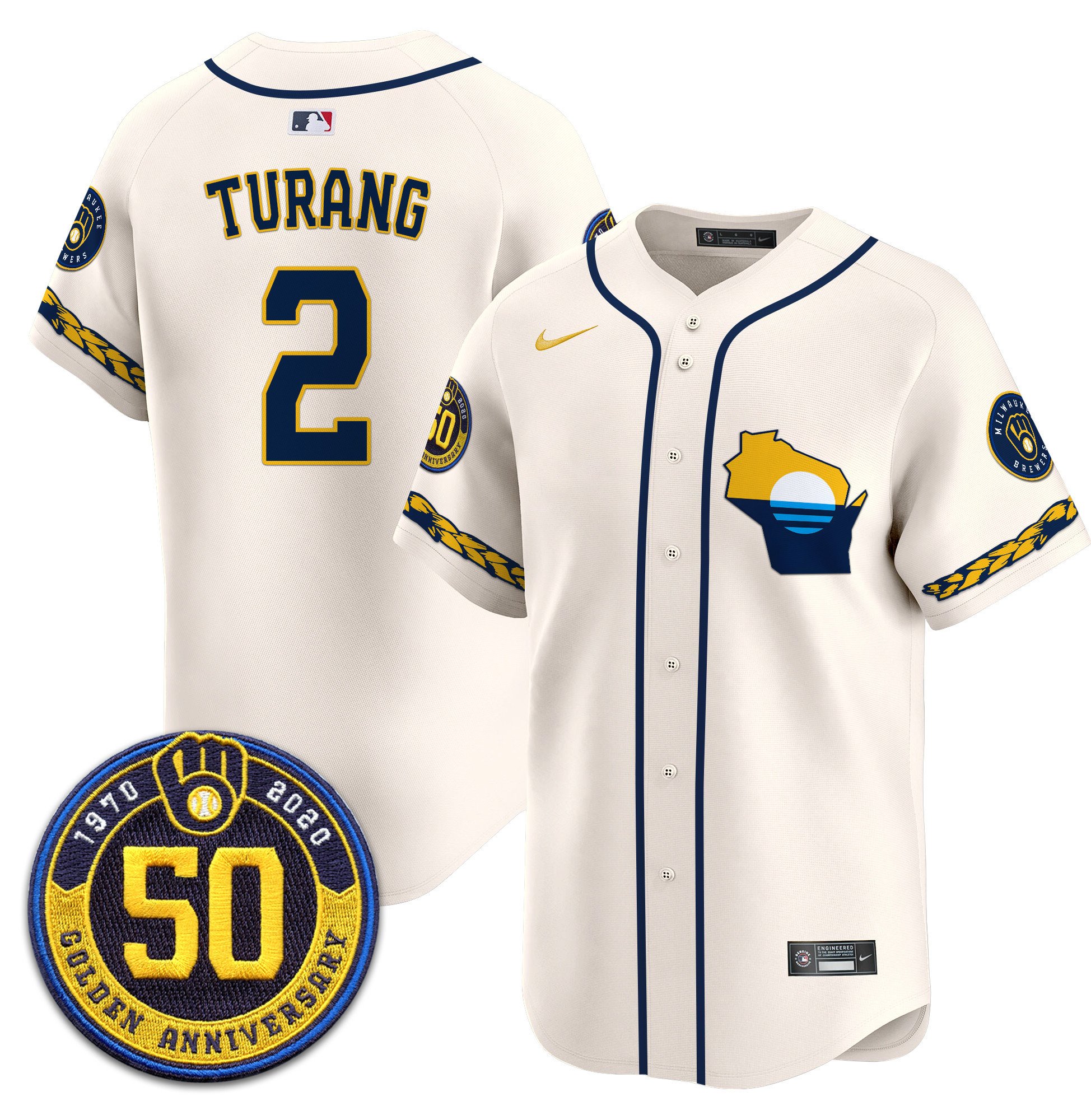 Men's Brice Turang Milwaukee Brewers Golden 50th Anniversary Patch Vapor Premier Limited Cream Jersey - All Stitched