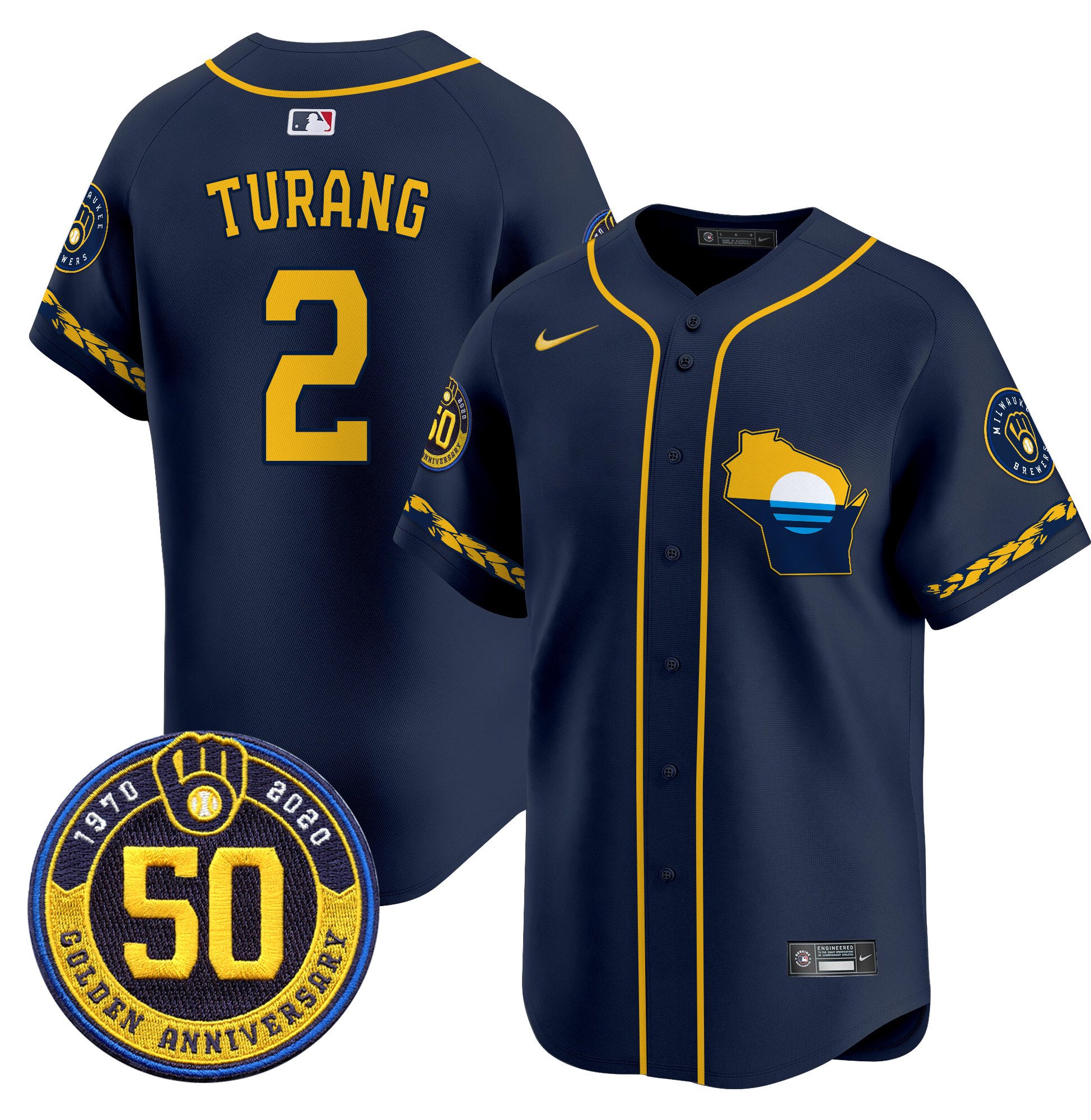 Men's Brice Turang Milwaukee Brewers Golden 50th Anniversary Patch Vapor Premier Limited Navy Jersey - All Stitched