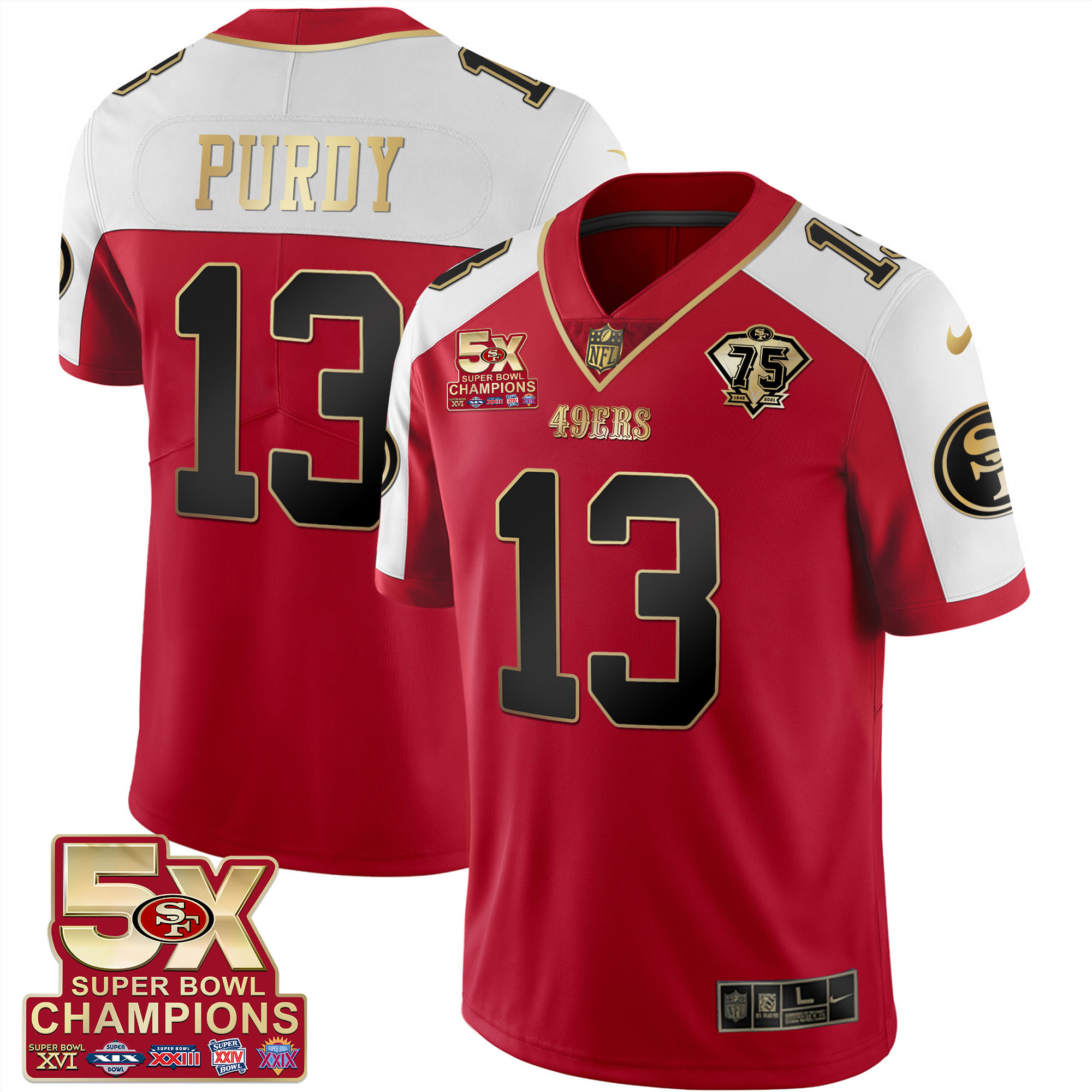 Men's Brock Purdy San Francisco 49ers 5x Super Bowl Patch Black Red Vapor Red Alternate Jersey - Stitched
