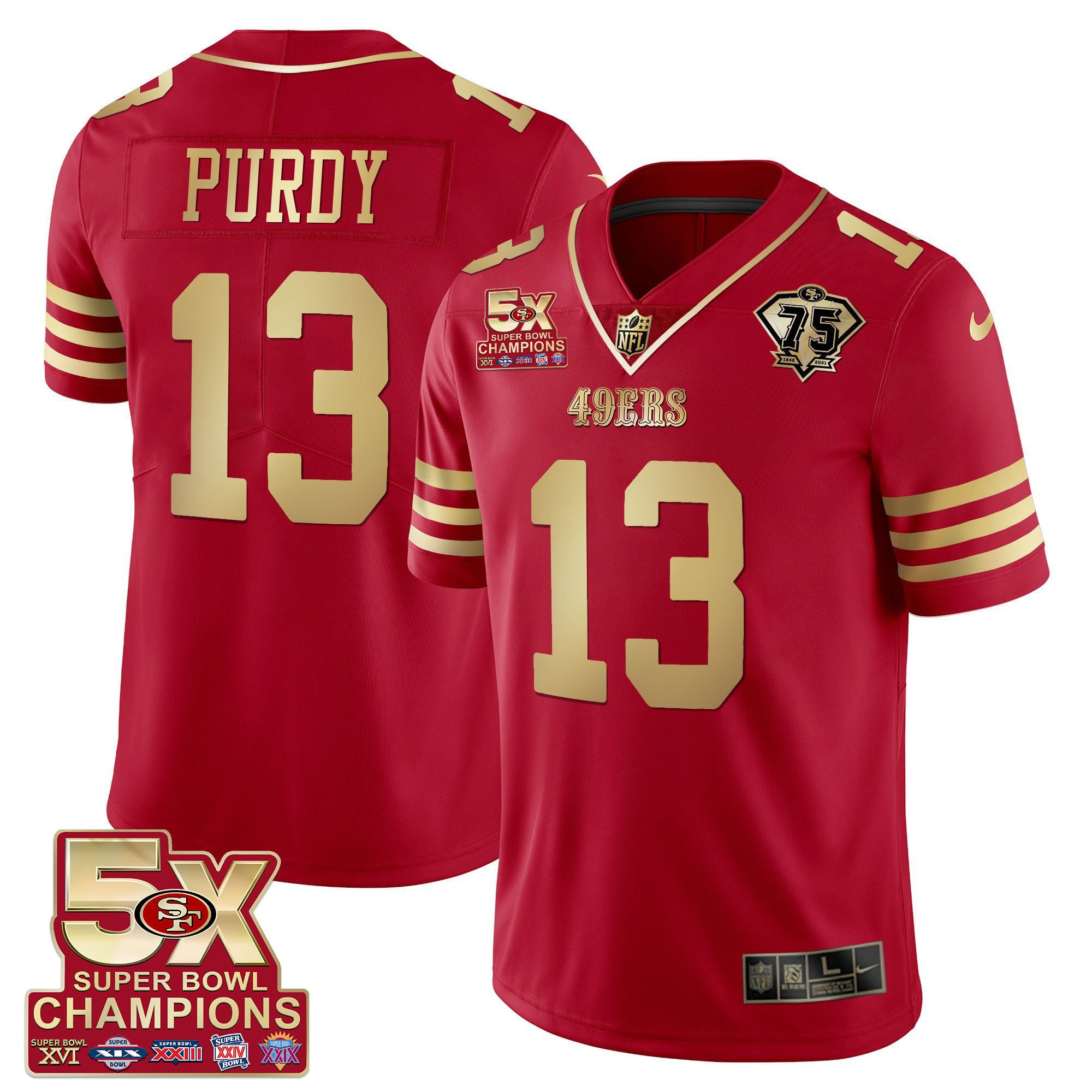 Men's Brock Purdy San Francisco 49ers 5x Super Bowl Patch Black Red Vapor Red Gold Jersey - Stitched