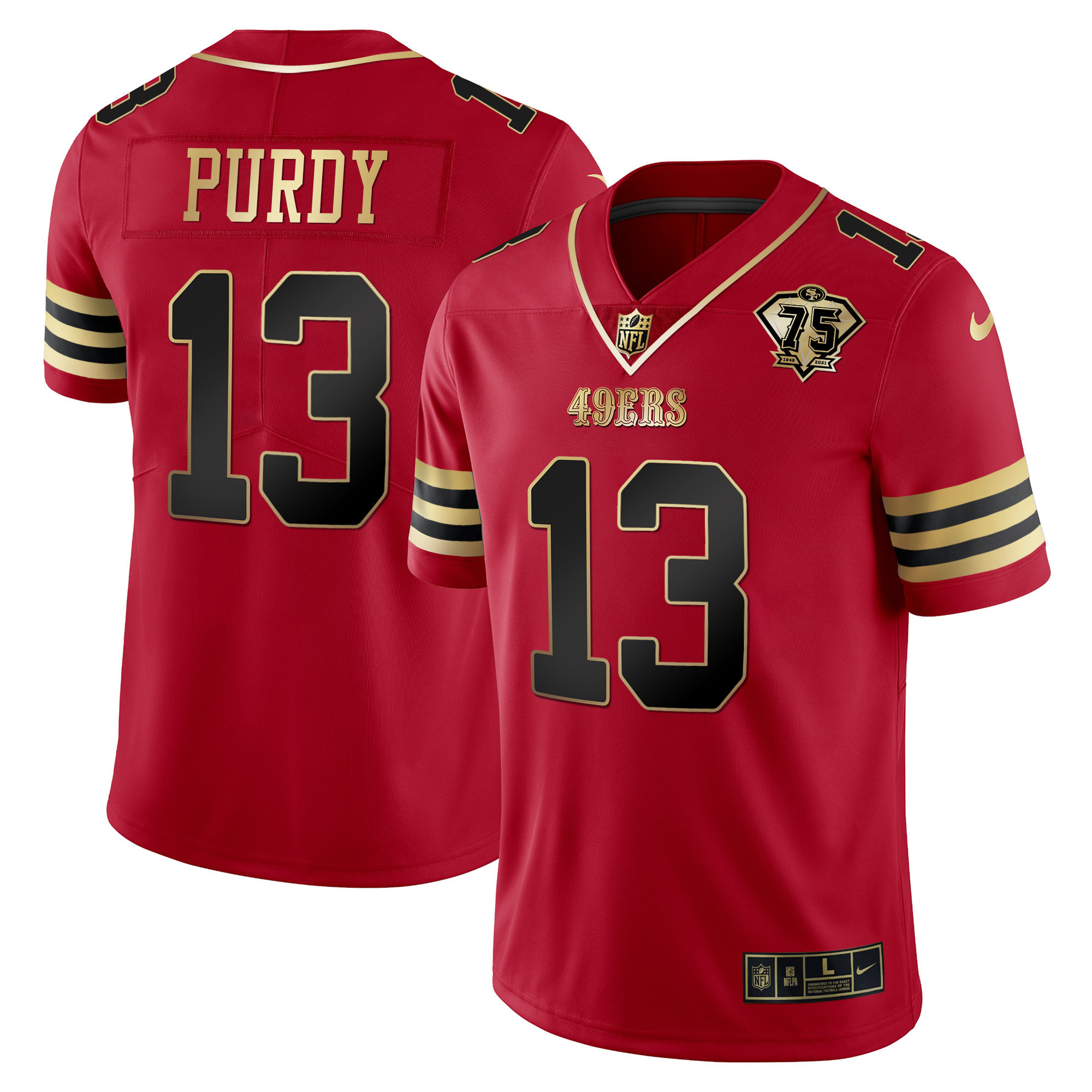 Men's Brock Purdy San Francisco 49ers 75th Anniversary Patch Vapor Gold Black Red Jersey V2 - All Stitched