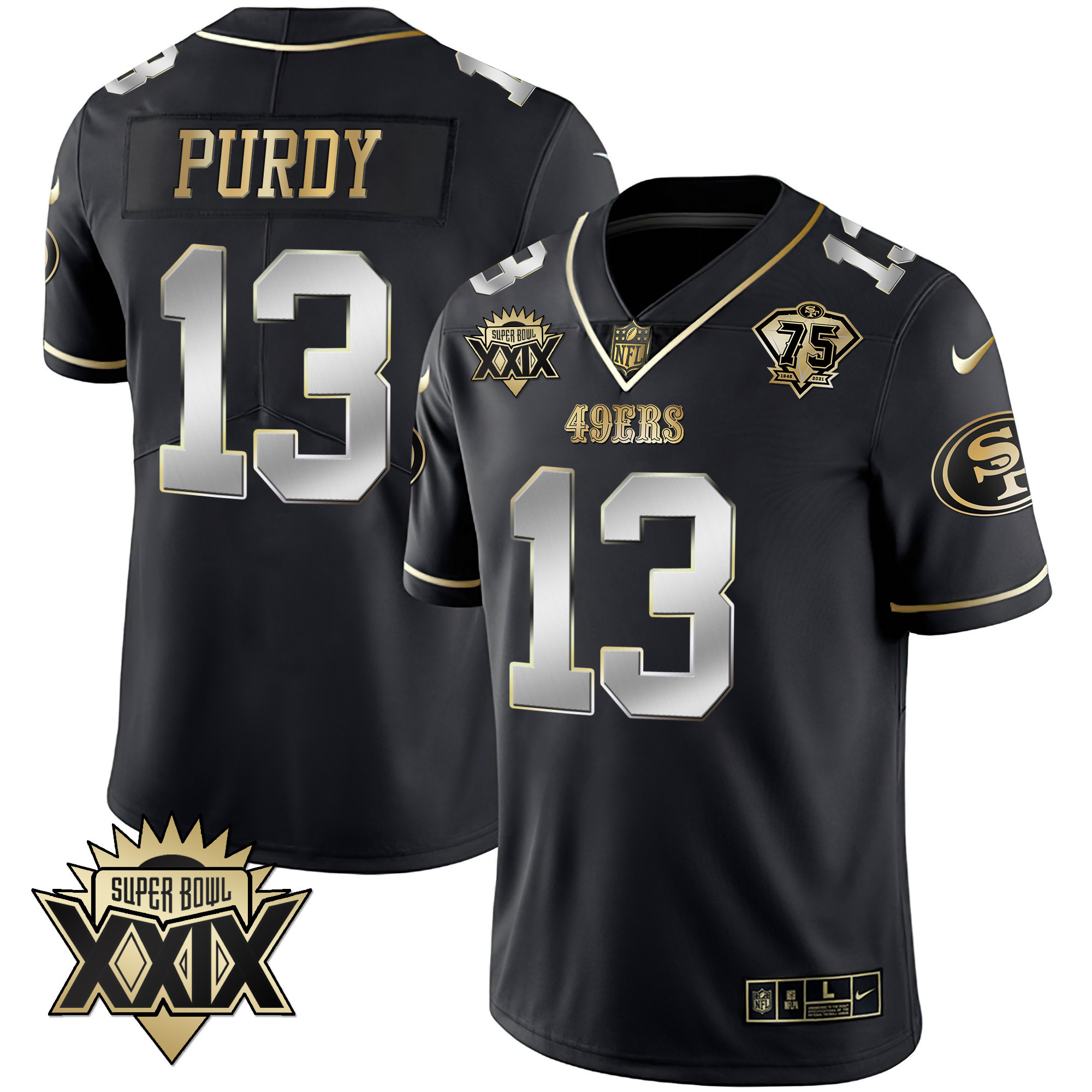 Men's Brock Purdy San Francisco 49ers Super Bowl XXIX Patch Black Red Gold Black Limited Jersey - All Stitched