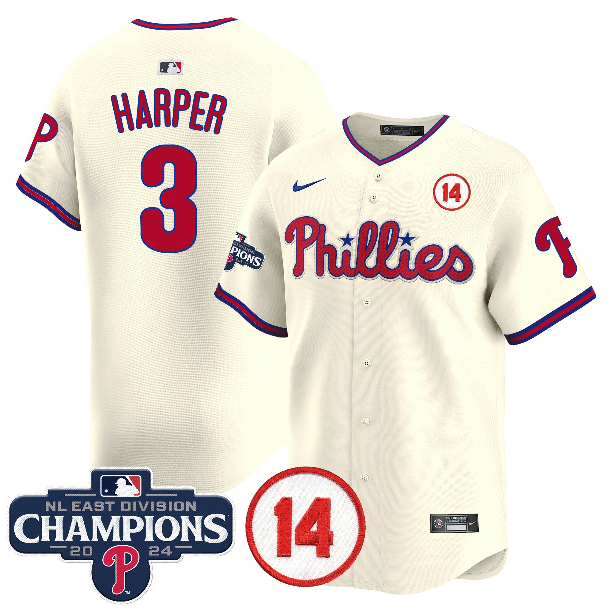 Men's Bryce Harper Philadelphia Phillies 2024 NL East Division Champions & Pete Rose Patch Vapor Premier Limited Cream Jersey - All Stitched