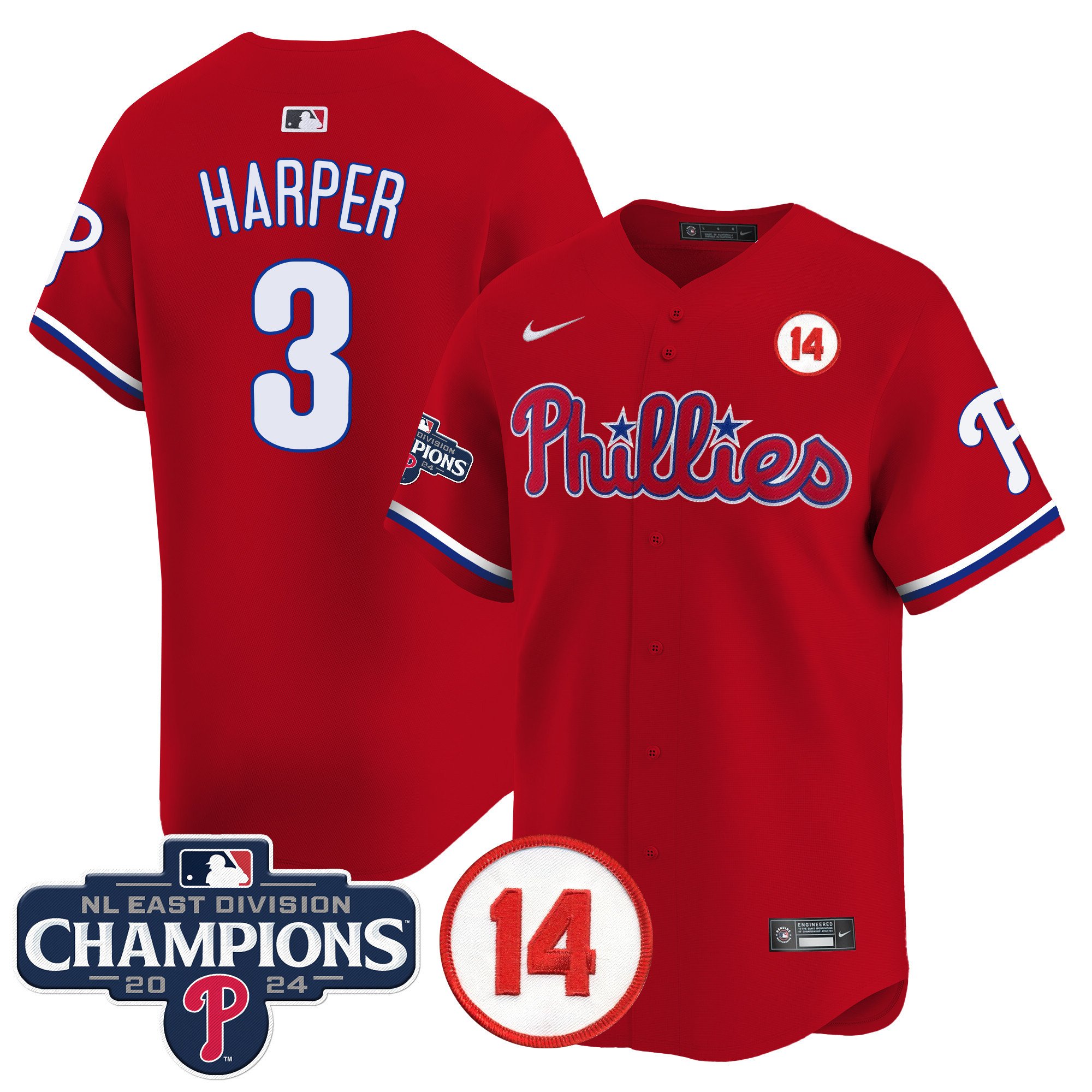 Men's Bryce Harper Philadelphia Phillies 2024 NL East Division Champions & Pete Rose Patch Vapor Premier Limited Red Jersey - All Stitched