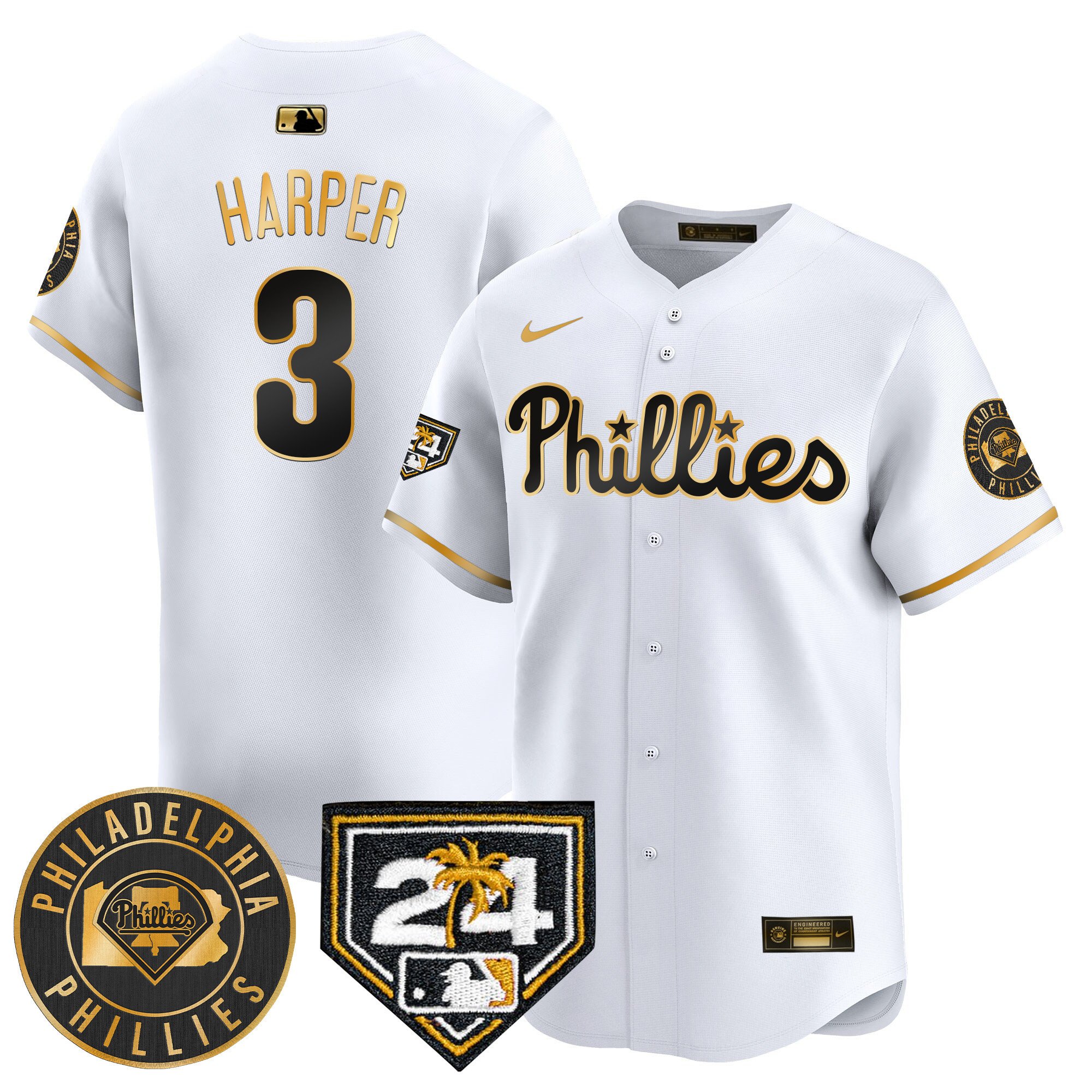 Men's Bryce Harper Philadelphia Phillies 2024 Spring Training Patch Vapor Premier Limited White Gold Jersey V2 - All Stitched
