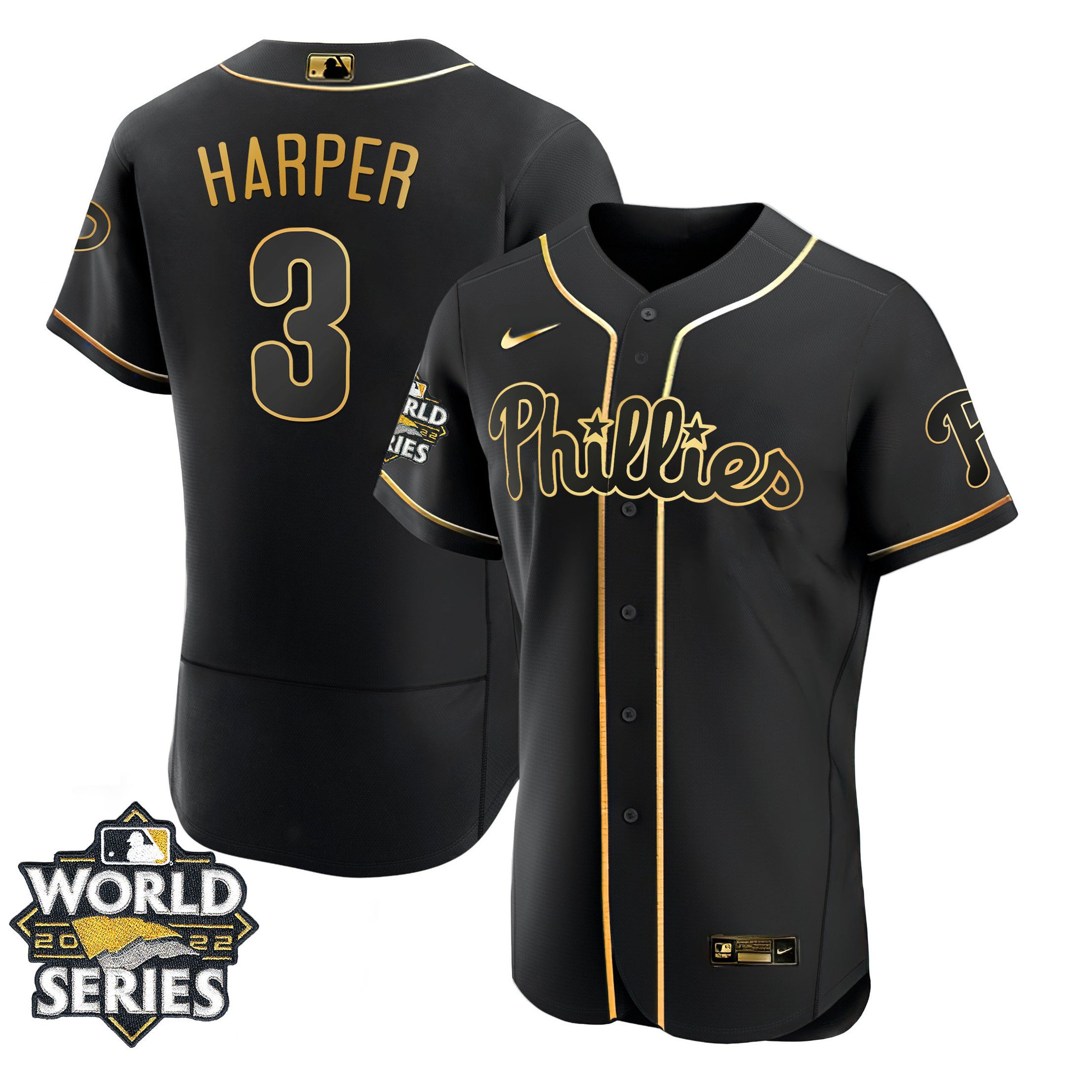 Men's Bryce Harper Philadelphia Phillies Gold 2022 World Series Flex Black Jersey - All Stitched