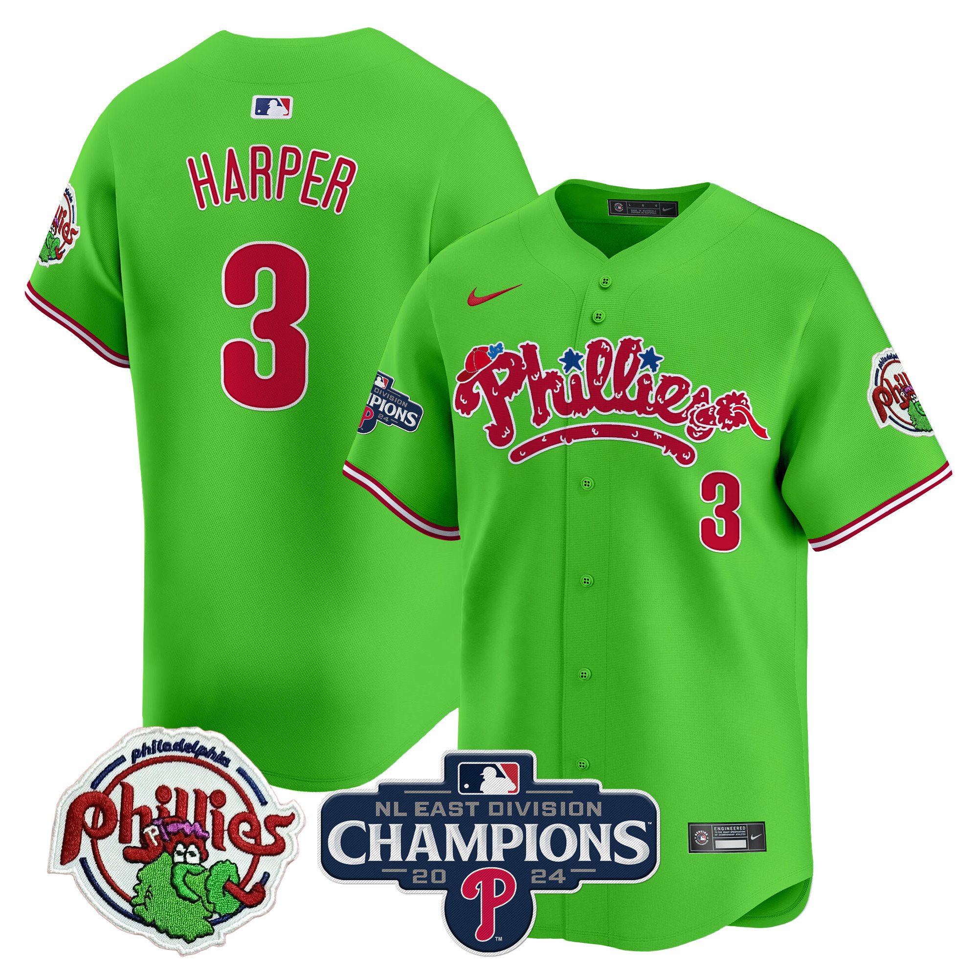 Men's Bryce Harper Philadelphia Phillies Phanatic 2024 NL East Division Champions Vapor Premier Limited Green Jersey - All Stitched