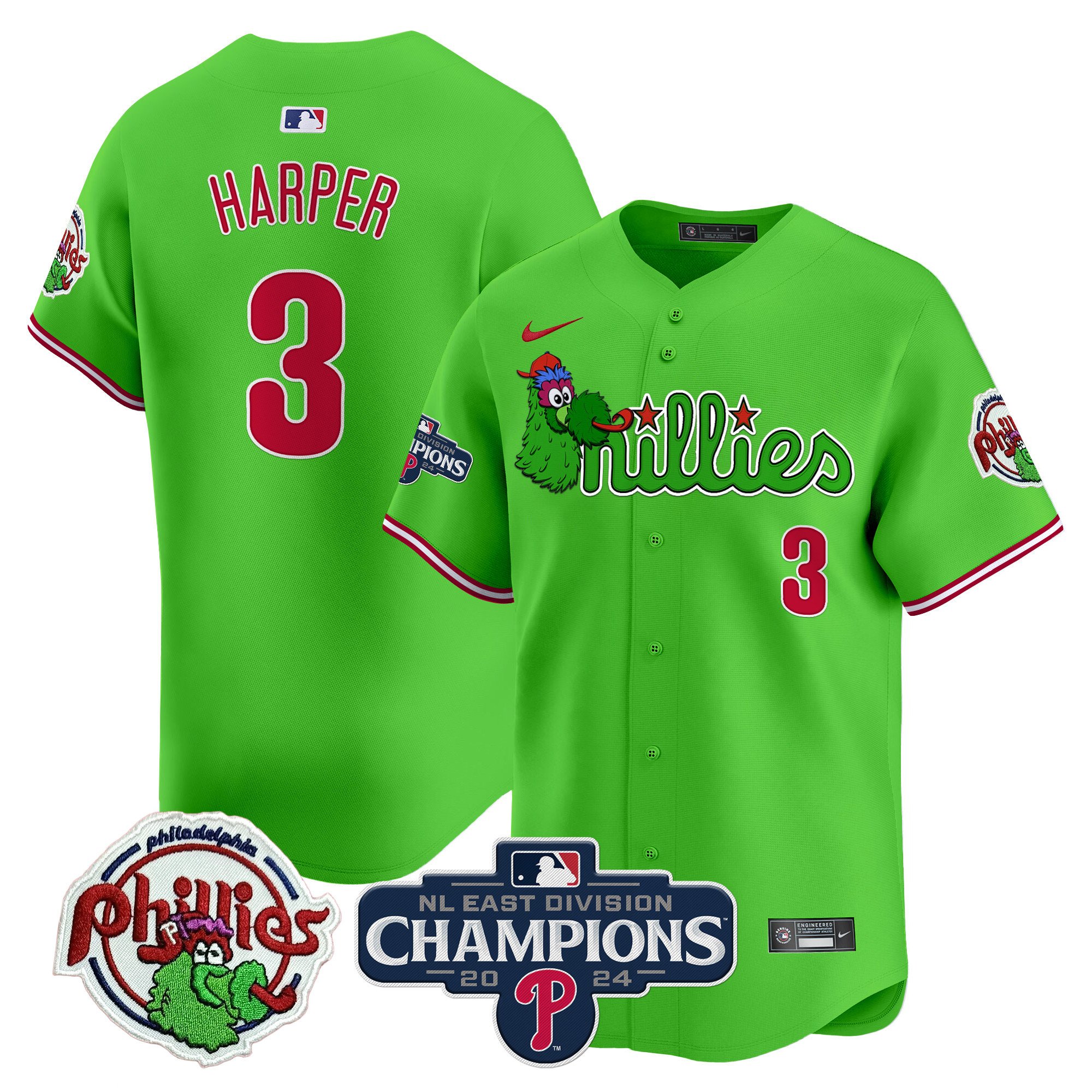 Men's Bryce Harper Philadelphia Phillies Phanatic 2024 NL East Division Champions Vapor Premier Limited Green Jersey V2 - All Stitched