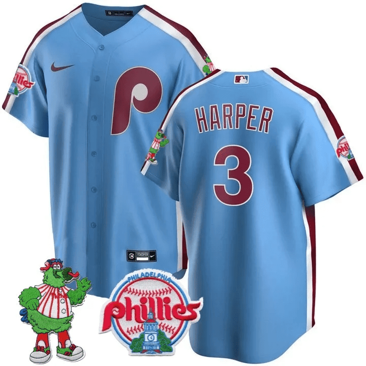 Men's Bryce Harper Philadelphia Phillies Phillie Phanatic Patch Cool Base Blue Jersey - All Stitched