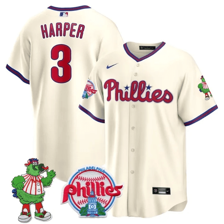 Men's Bryce Harper Philadelphia Phillies Phillie Phanatic Patch Cool Base Cream Jersey - All Stitched