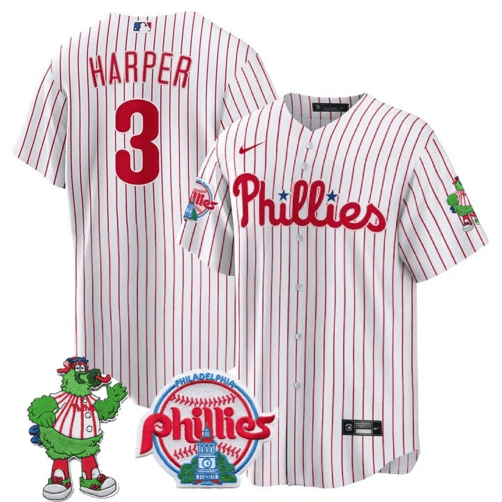Men's Bryce Harper Philadelphia Phillies Phillie Phanatic Patch Cool Base White Jersey - All Stitched