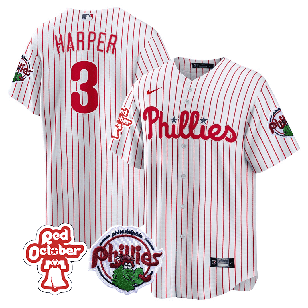 Men's Bryce Harper Philadelphia Phillies Red October Patch Cool Base White Jersey - All Stitched