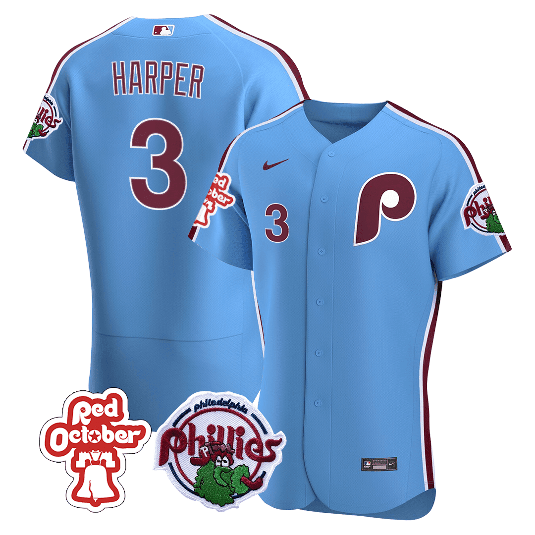 Men's Bryce Harper Philadelphia Phillies Red October Patch Flex Base Blue Jersey - All Stitched