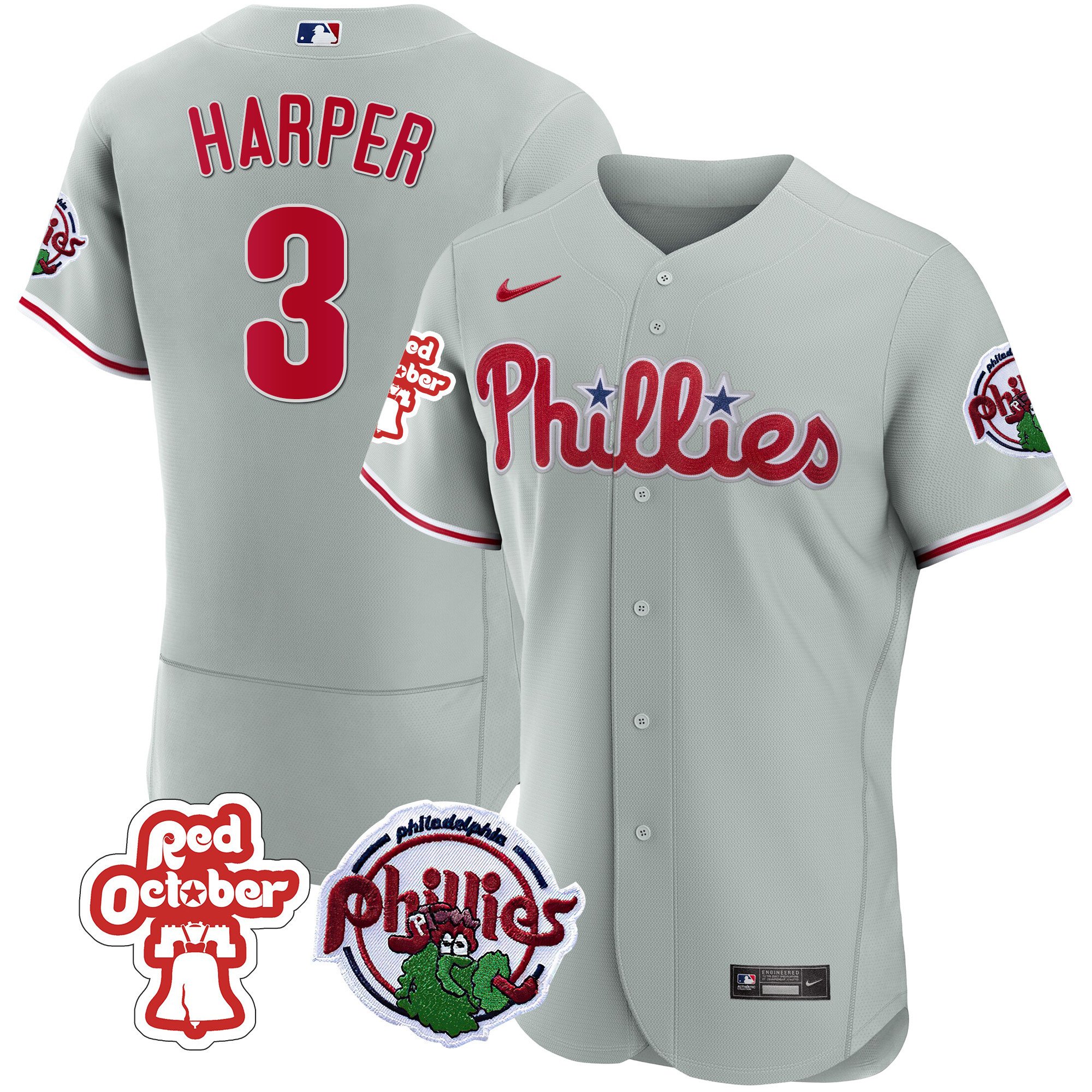 Men's Bryce Harper Philadelphia Phillies Red October Patch Flex Base Gray Jersey - All Stitched