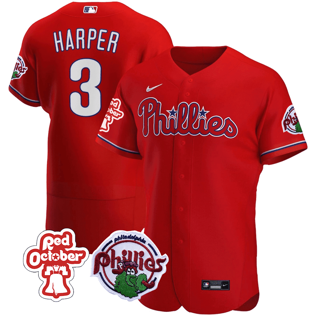 Men's Bryce Harper Philadelphia Phillies Red October Patch Flex Base Red Jersey - All Stitched