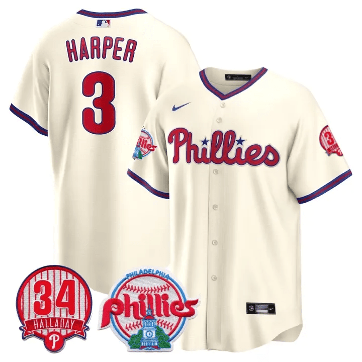 Men's Bryce Harper Philadelphia Phillies Roy Halladay Patch #34 Cool Base Cream Jersey Ã± All Stitched