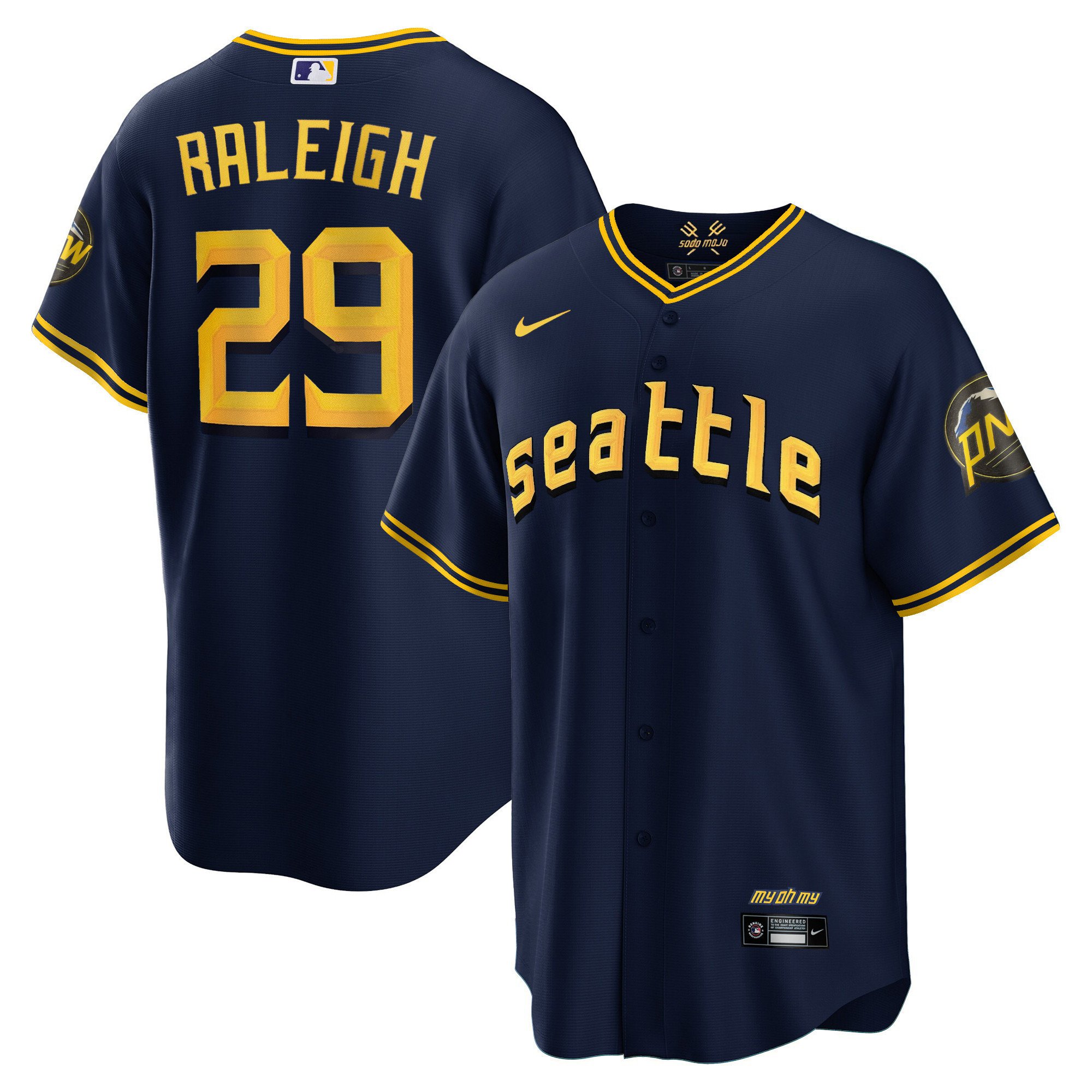 Men's Cal Raleigh Seattle Mariners City Connect Cool Base Navy Jersey - All Stitched