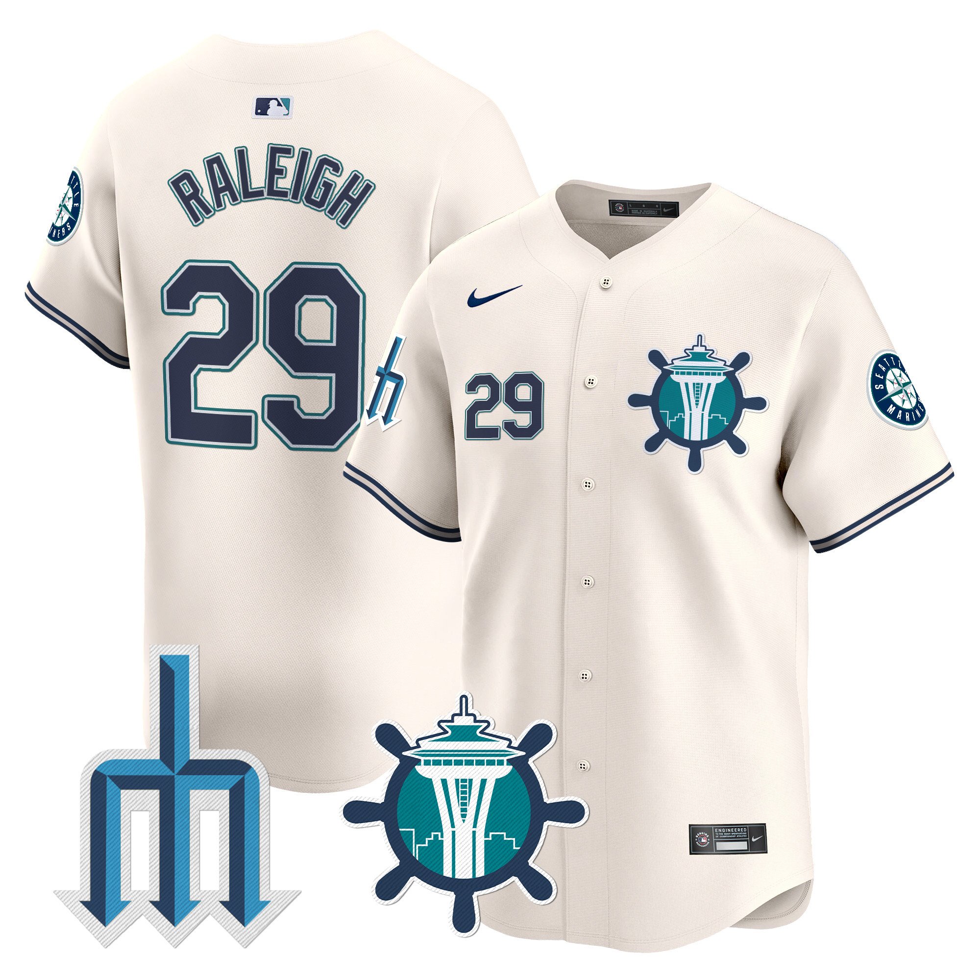 Men's Cal Raleigh Seattle Mariners Trident Patch Vapor Premier Limited Cream Jersey - All Stitched