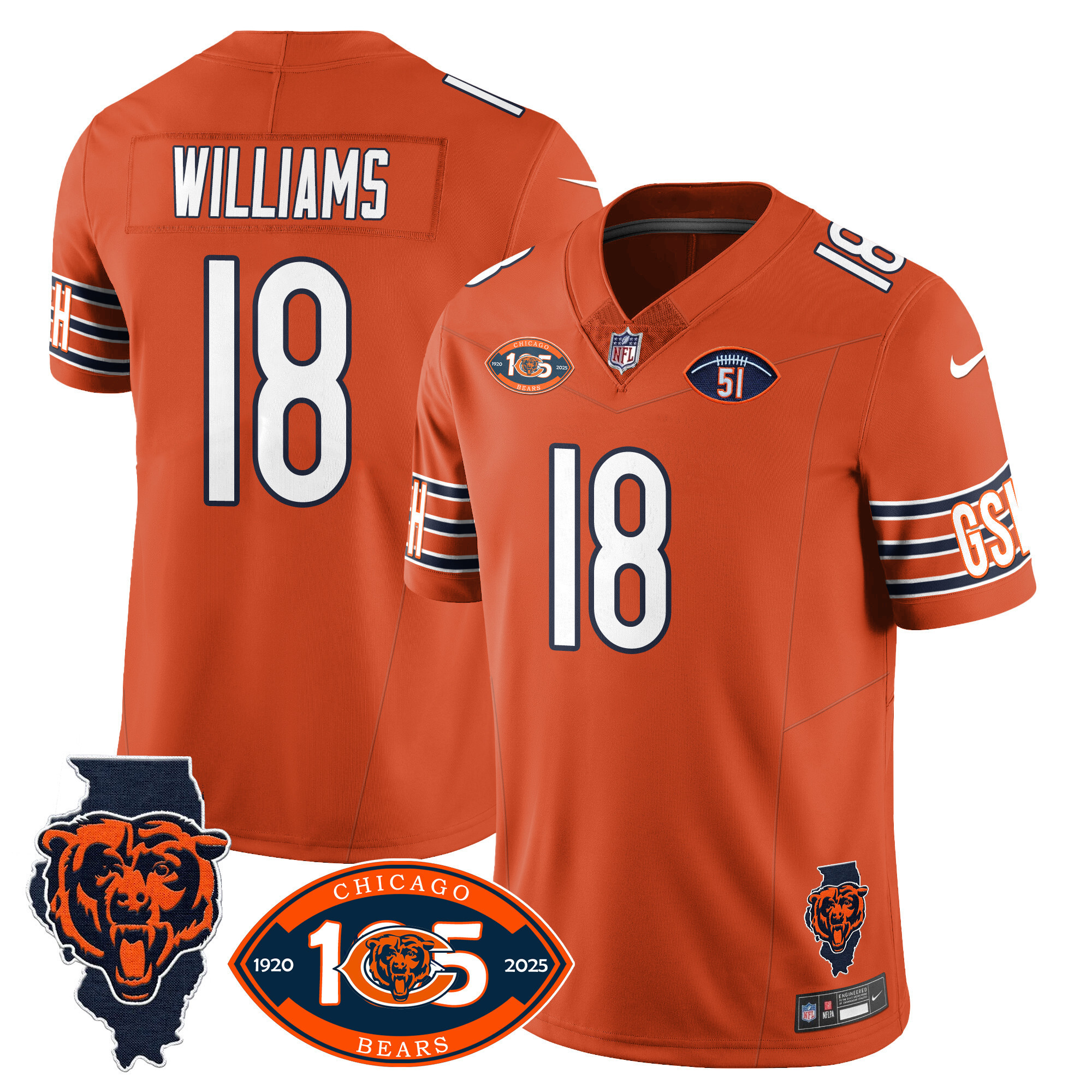 Men's Caleb Williams Chicago Bears 1920-2025 The Chicago Bears Vapor Limited Orange Jersey - All Stitched