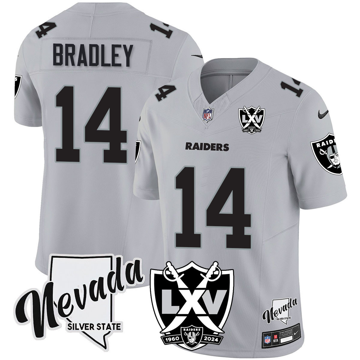 Men's Carter Bradley Las Vegas Raiders 2024 Vapor Limited Silver Jersey - 65th Anniversary - All Stitched
