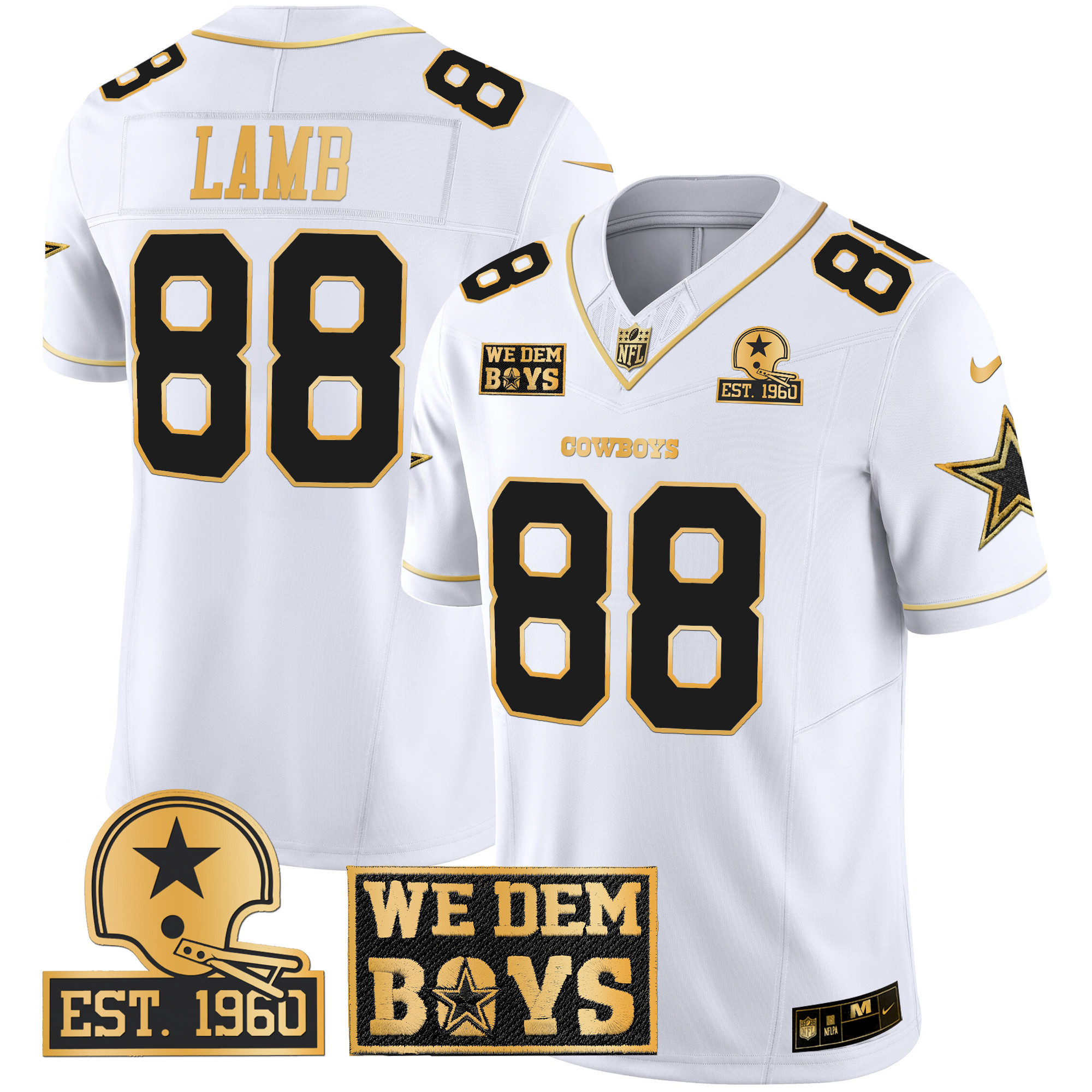 Men's CeeDee Lamb Dallas Cowboys Est. 1960 & We Dem Boyz Patch Gold Vapor Limited White Gold Jersey - All Stitched
