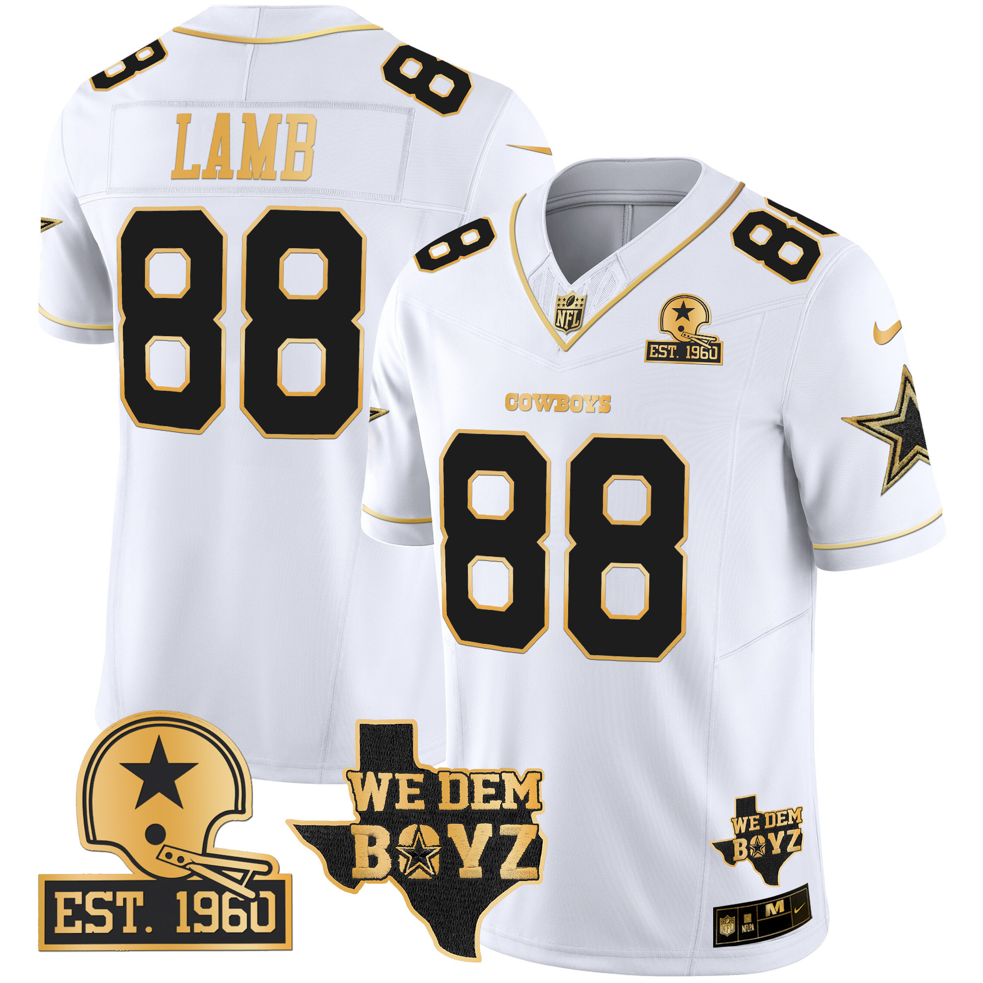 Men's CeeDee Lamb Dallas Cowboys Est. 1960 & We Dem Boyz Patch Gold Vapor Limited White Gold Jersey V2 - All Stitched