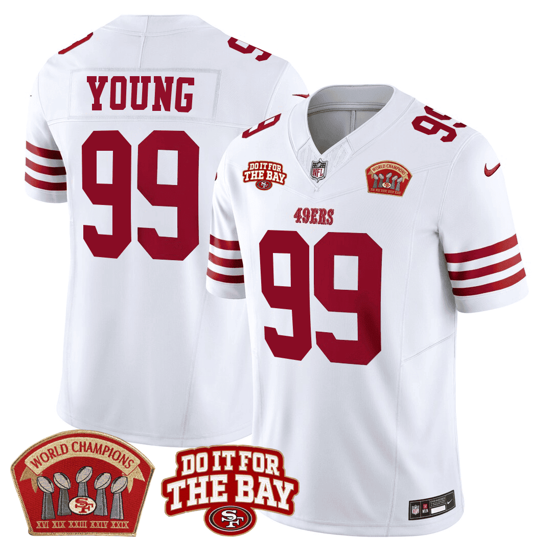 Men's Chase Young San Francisco 49ers 5x World Champions & "Do It For The Bay" Patch Limited White Jersey - All Stitched