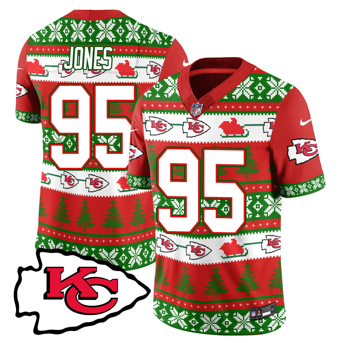 Men's Chris Jones Kansas City Chiefs 2024 Christmas Vapor Limited Red Green Jersey - Printed