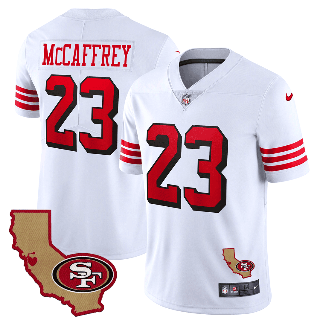 Men's Christian McCaffrey San Francisco 49ers 1994 California State Map Patch Throwback White Jersey - All Stitched