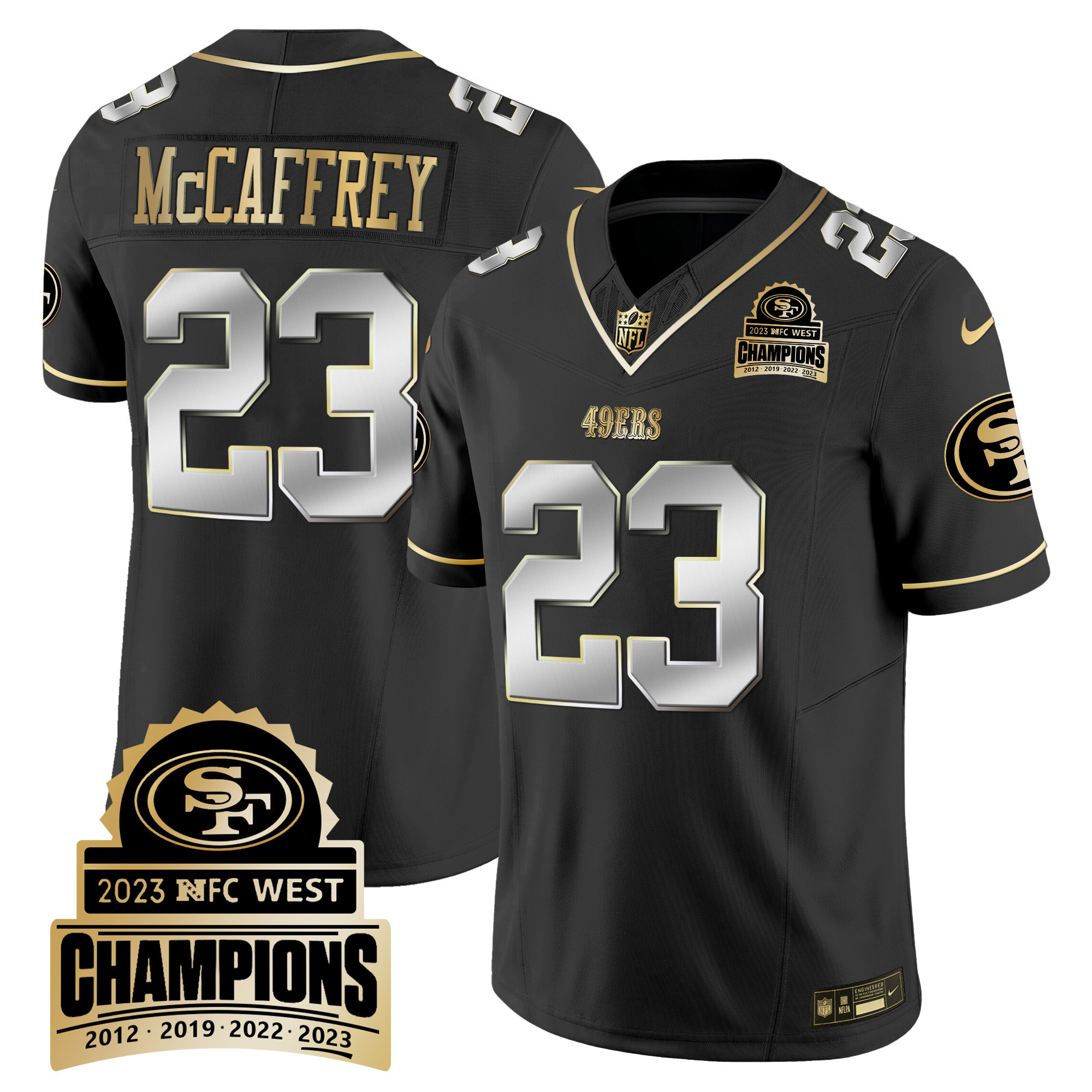 Men's Christian McCaffrey San Francisco 49ers 2023 NFC West Champions Patch Vapor Black Limited Jersey V4 - All Stitched