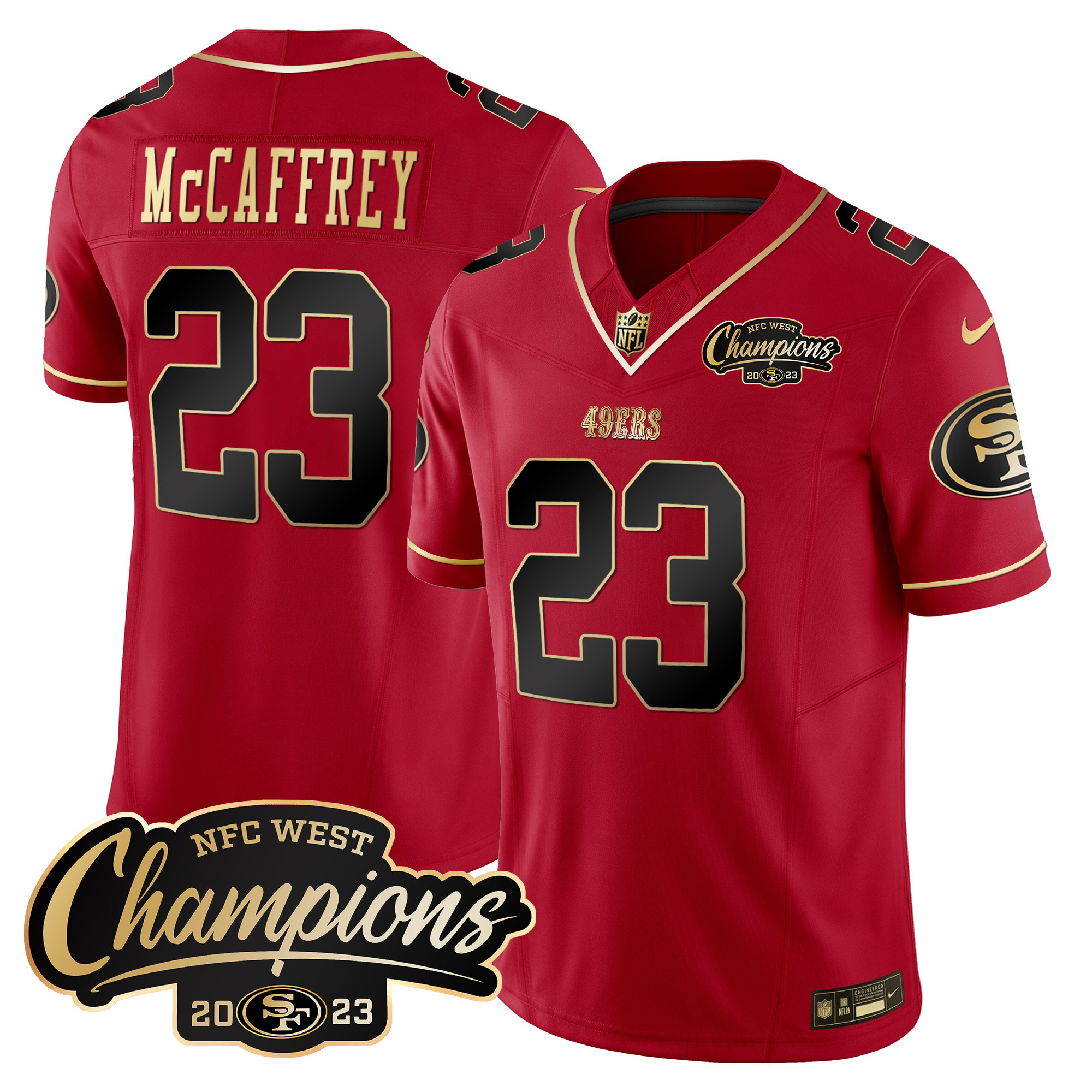 Men's Christian McCaffrey San Francisco 49ers 2023 NFC West Champions Patch Vapor Scarlet Limited Jersey - All Stitched