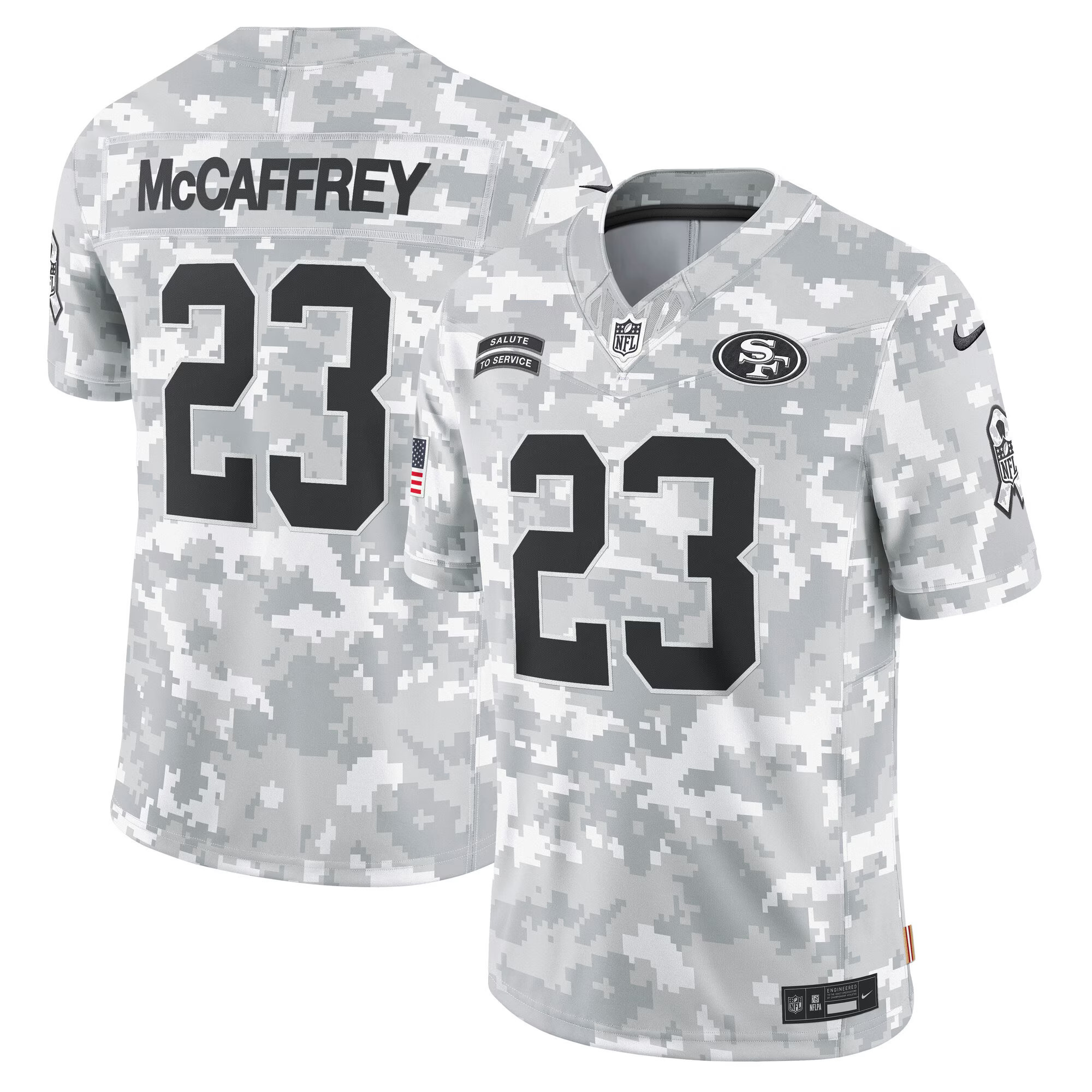Men's Christian McCaffrey San Francisco 49ers 2024 Salute to Service Vapor Limited Arctic Camo Jersey - All stitched