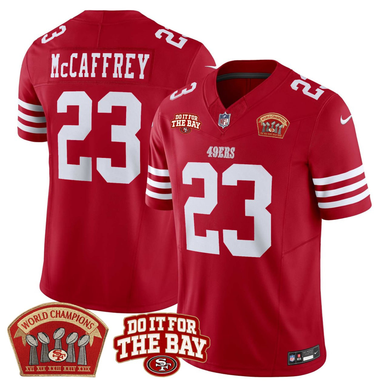 Men's Christian McCaffrey San Francisco 49ers 5x World Champions & "Do It For The Bay" Patch Limited Red Jersey - All Stitched