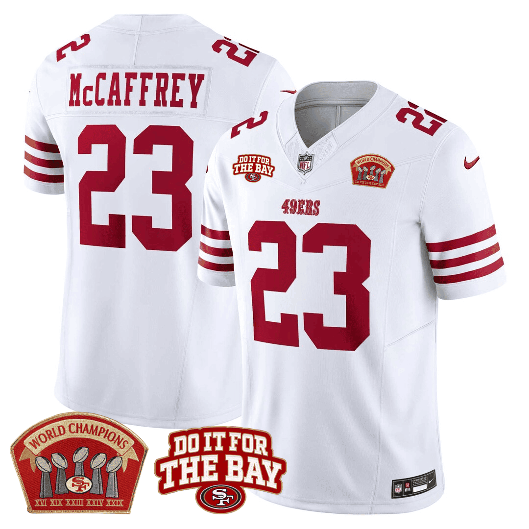 Men's Christian McCaffrey San Francisco 49ers 5x World Champions & "Do It For The Bay" Patch Limited White Jersey - All Stitched