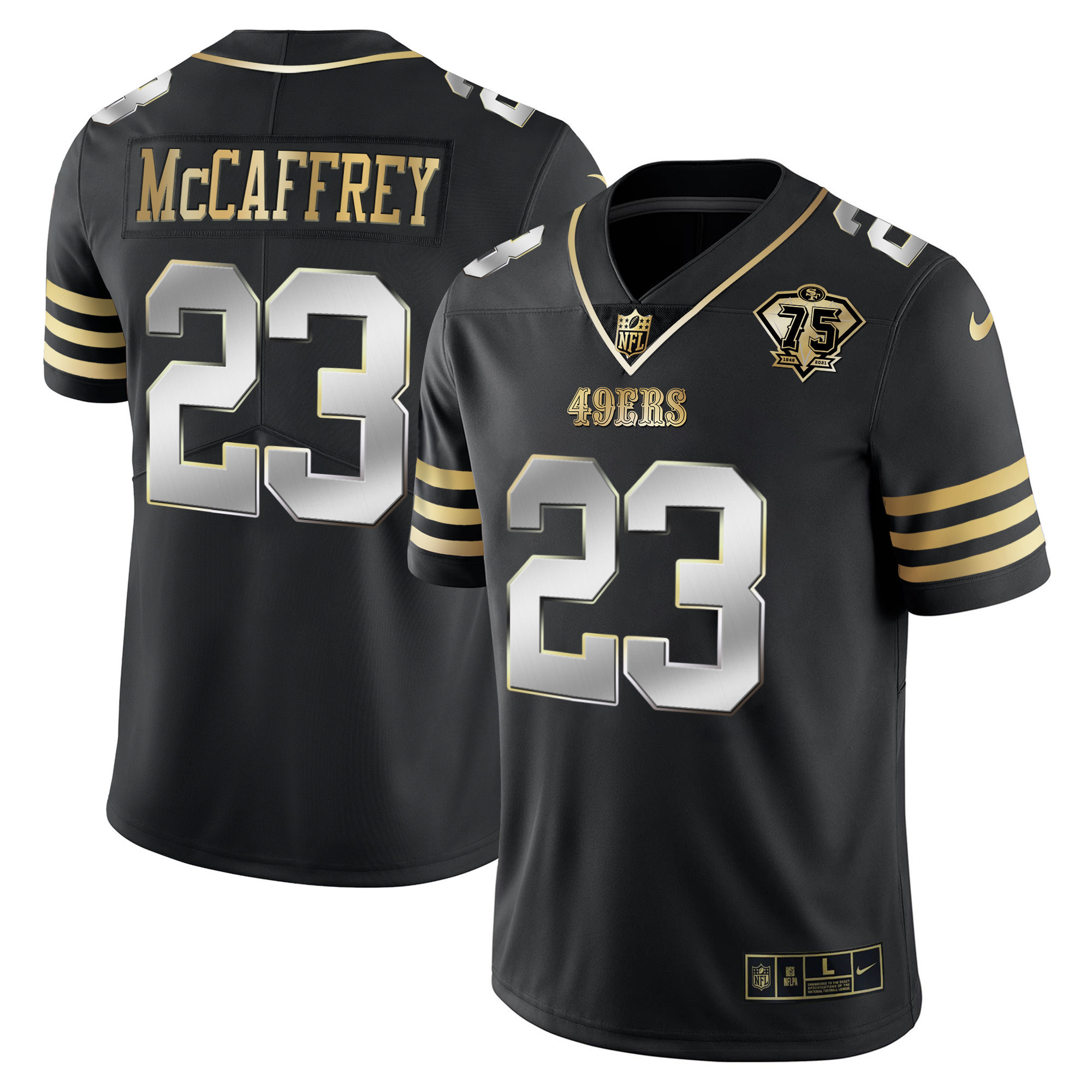 Men's Christian McCaffrey San Francisco 49ers 75th Anniversary Patch Vapor Gold Black Limited Jersey - All Stitched