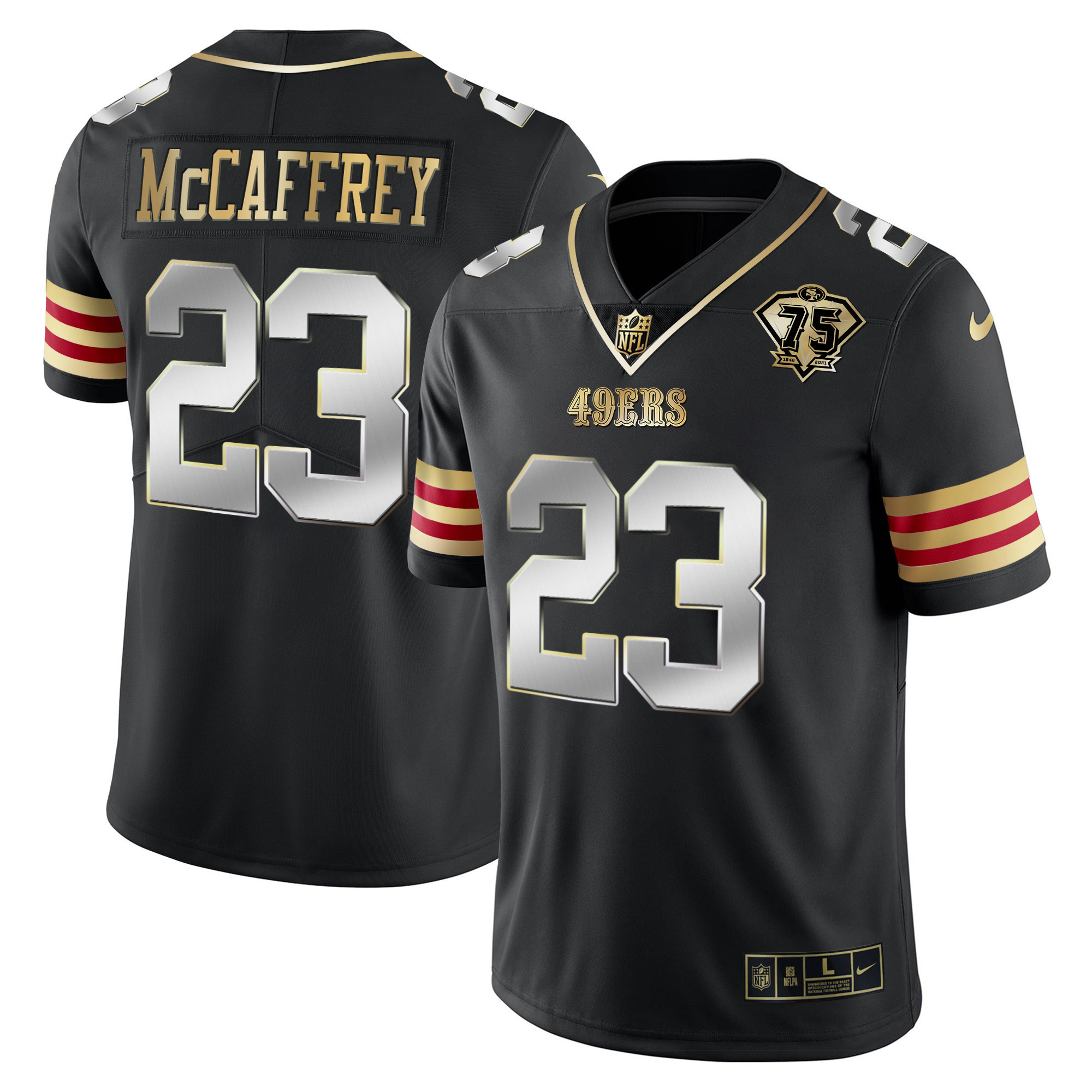 Men's Christian McCaffrey San Francisco 49ers 75th Anniversary Patch Vapor Gold Black Limited Jersey V2 - All Stitched