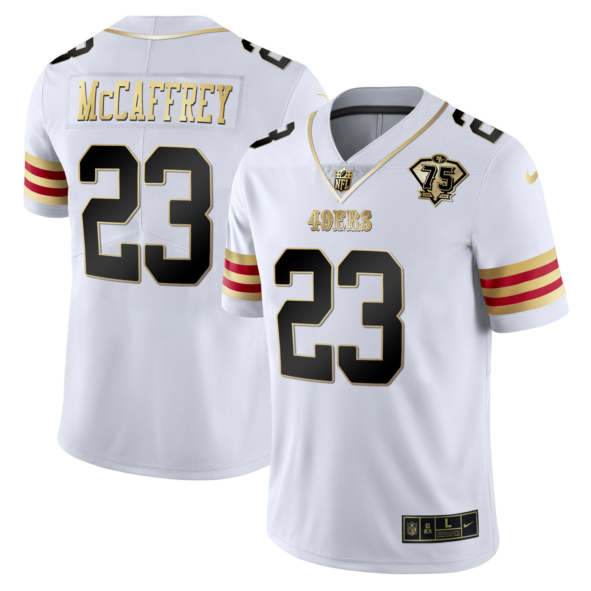 Men's Christian McCaffrey San Francisco 49ers 75th Anniversary Patch Vapor Gold White Gold Jersey V2 - All Stitched