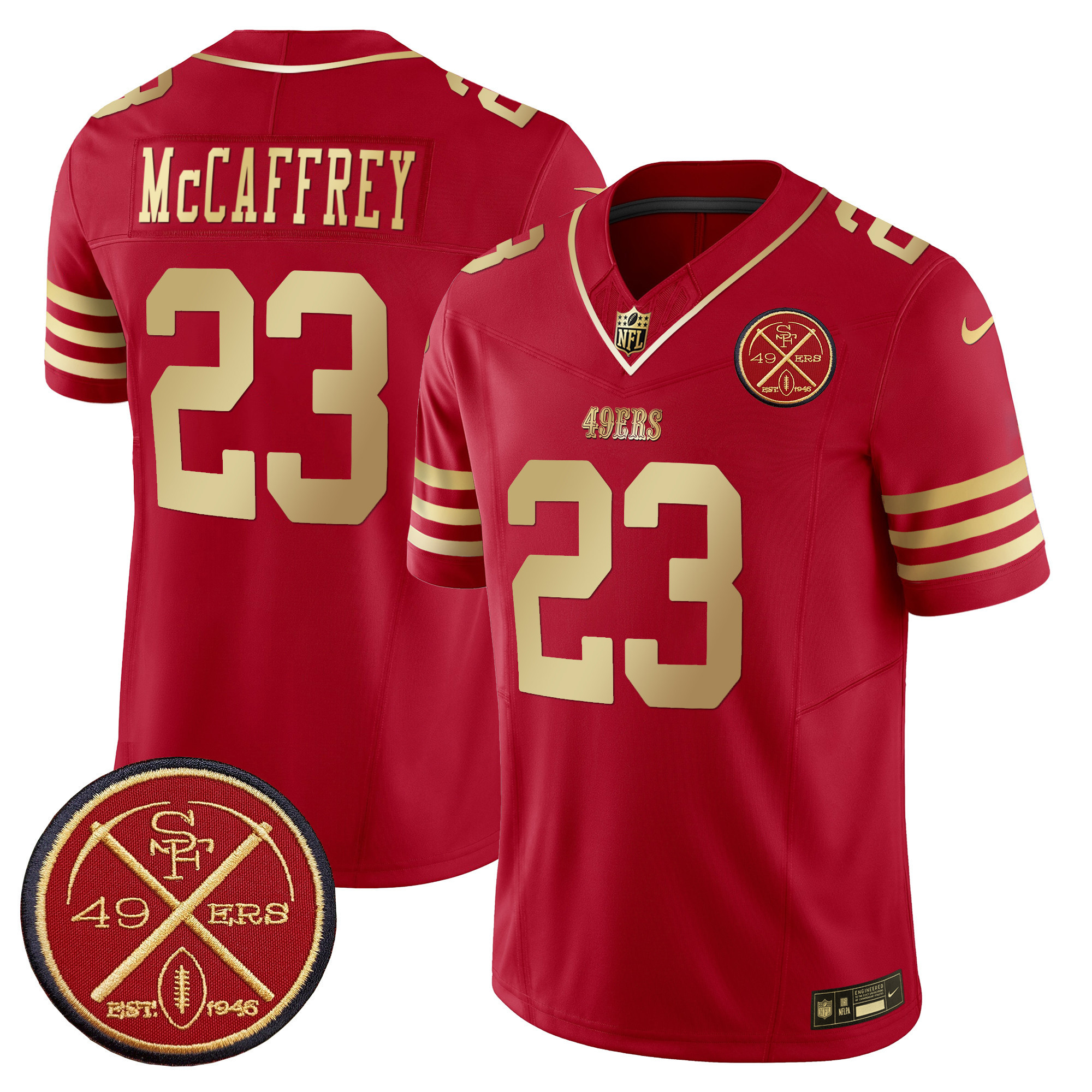 Men's Christian McCaffrey San Francisco 49ers Est.1946 Patch Vapor Limited Scarlet Gold Jersey - All Stitched