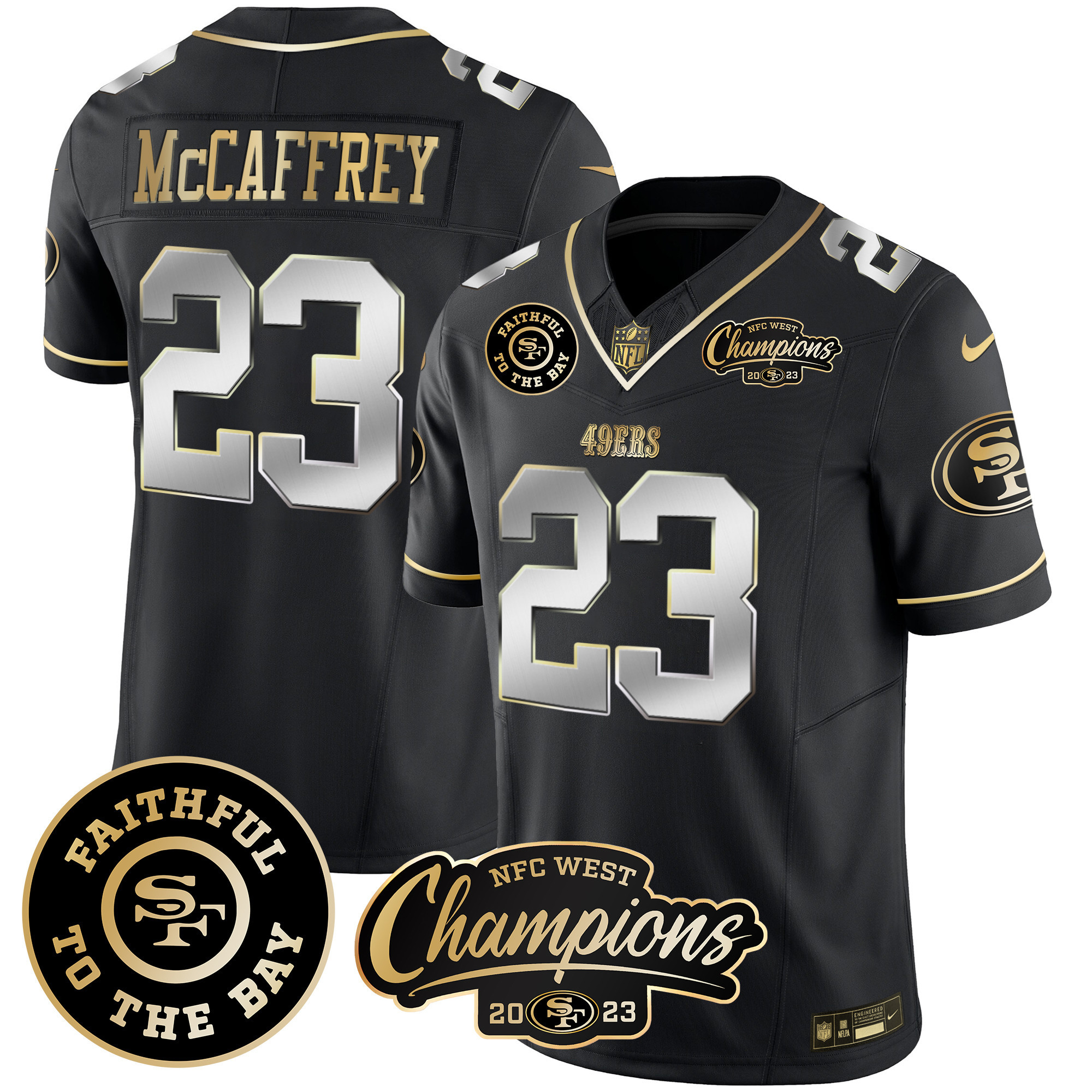 Men's Christian McCaffrey San Francisco 49ers Faithful & 2023 NFC West Champions Patch Vapor Black Limited Jersey - All Stitched