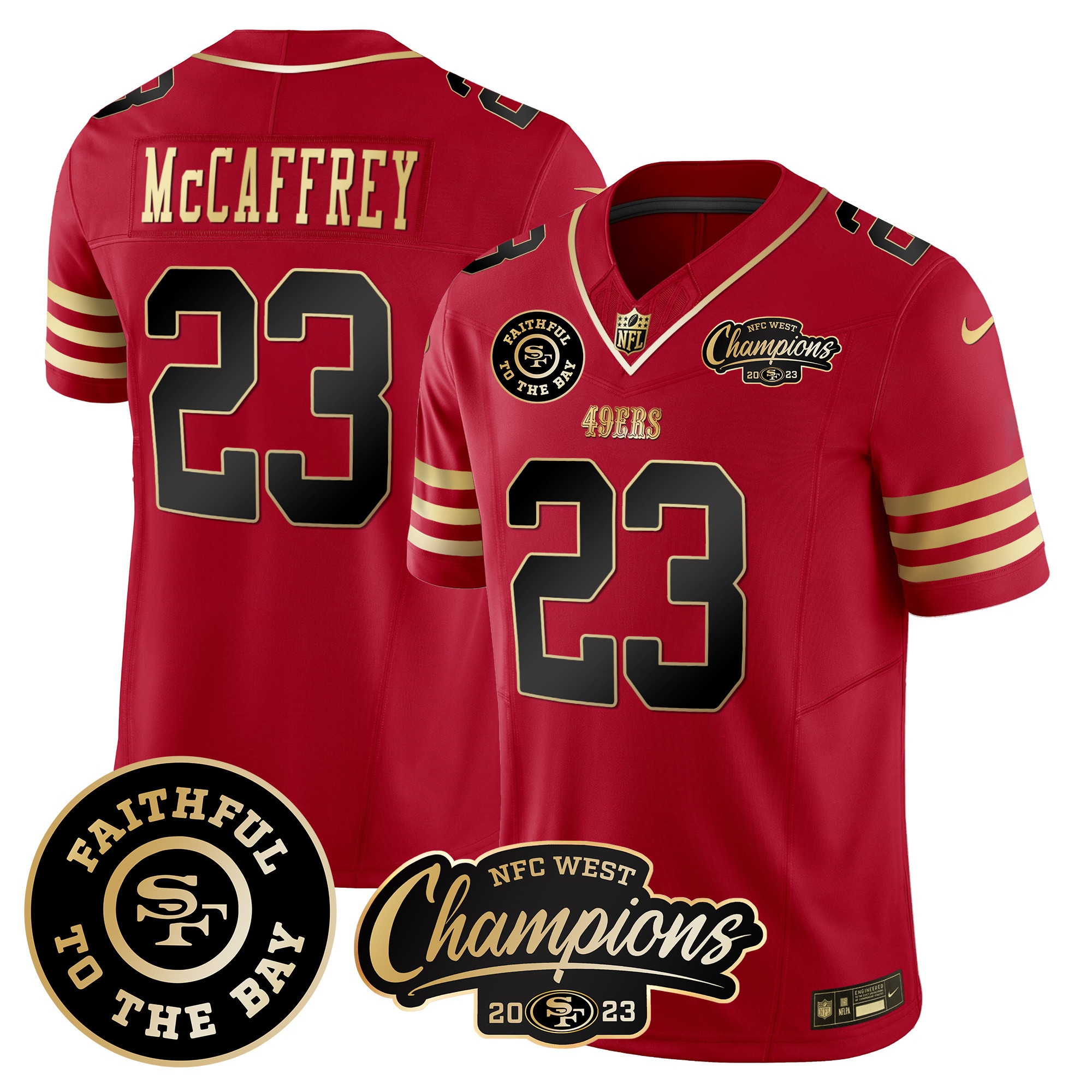 Men's Christian McCaffrey San Francisco 49ers Faithful & 2023 NFC West Champions Patch Vapor Black Scarlet Jersey - All Stitched