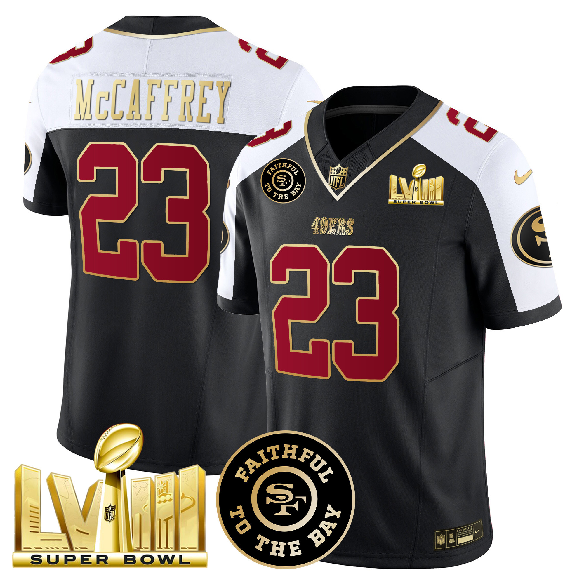 Men's Christian McCaffrey San Francisco 49ers Faithful & Super Bowl LVIII Gold Patch Vapor Black Alternate Jersey - All Stitched