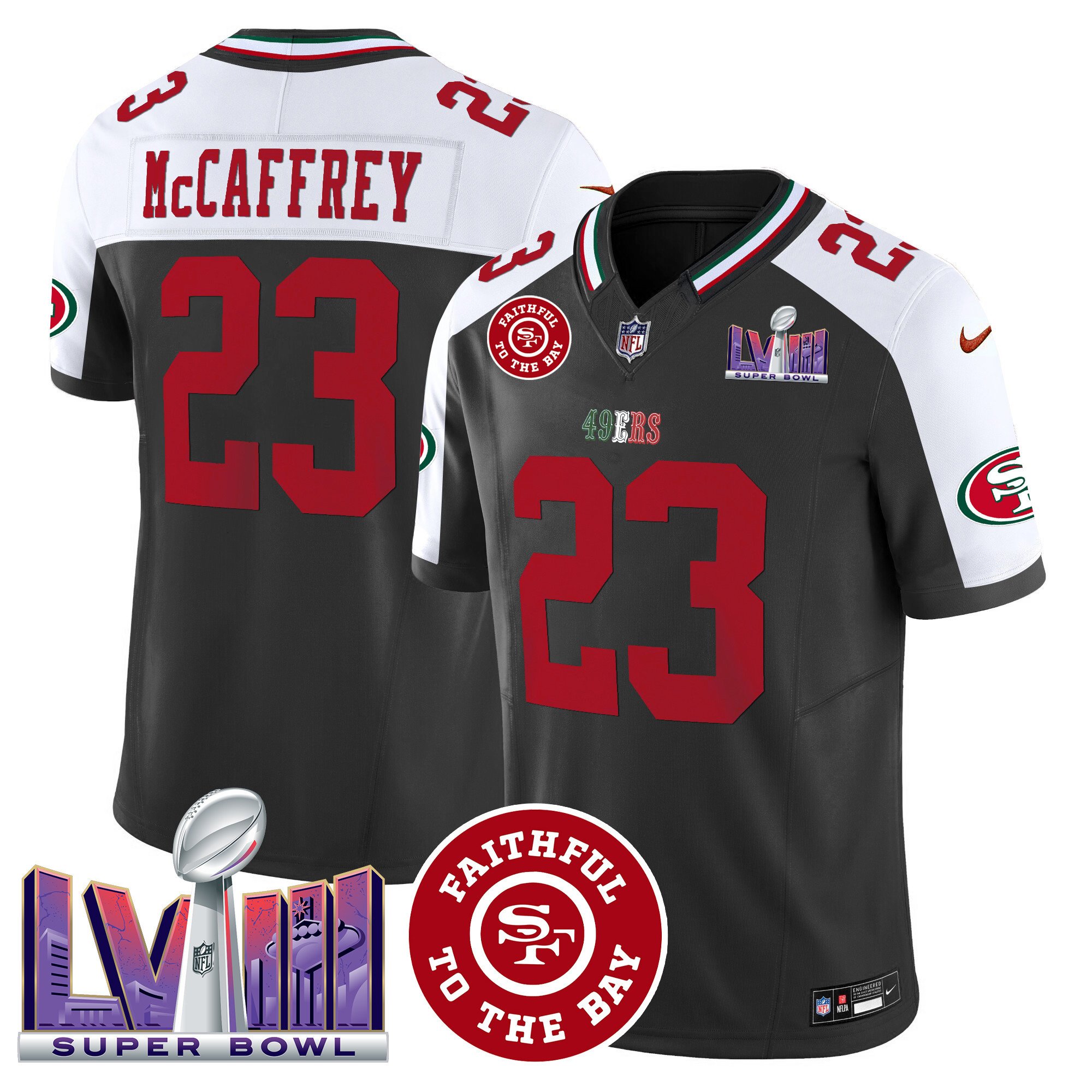Men's Christian McCaffrey San Francisco 49ers Mexico Faithful & Super Bowl LVIII Patch Vapor Black Alterante Jersey - All Stitched