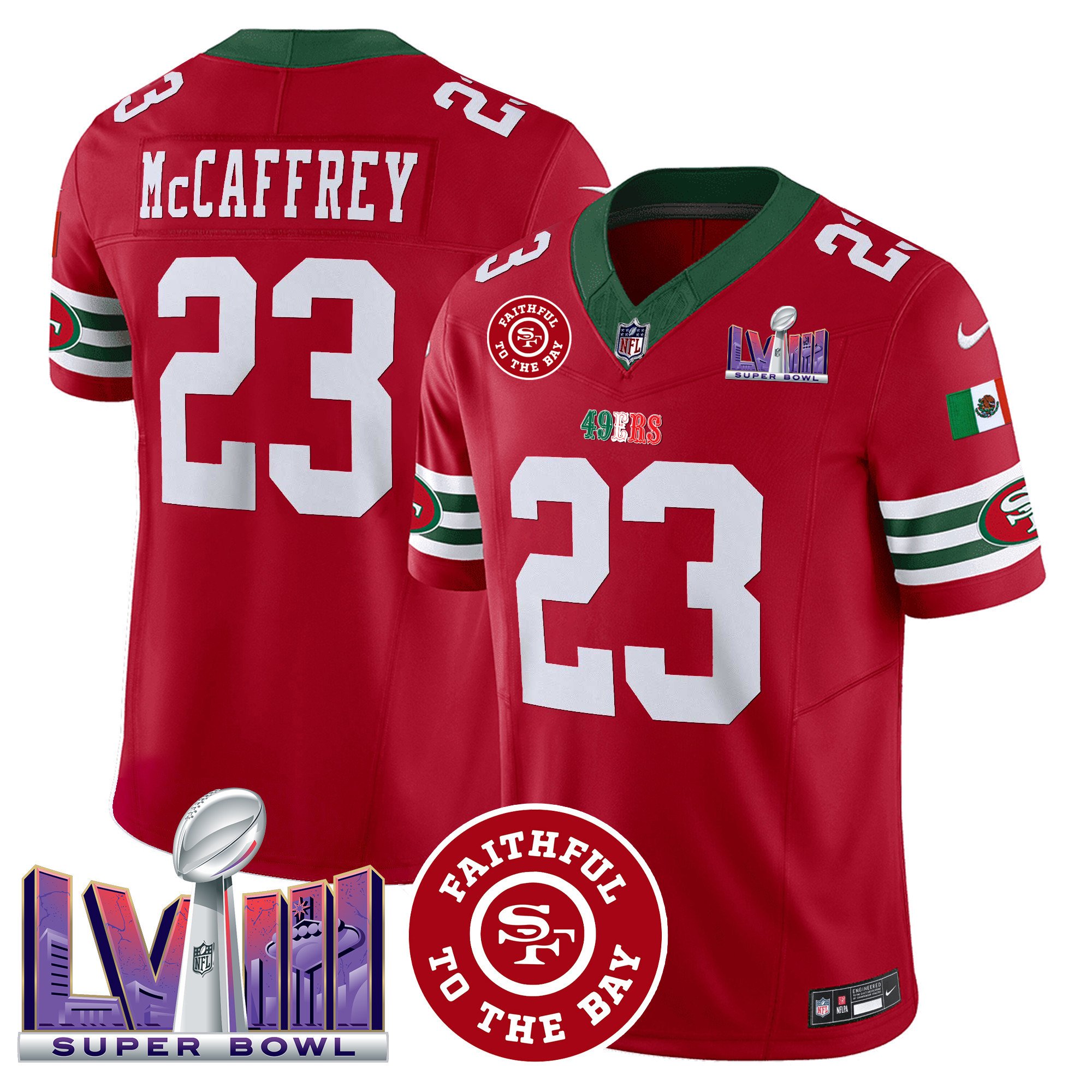 Men's Christian McCaffrey San Francisco 49ers Mexico Faithful & Super Bowl LVIII Patch Vapor Red Jersey - All Stitched
