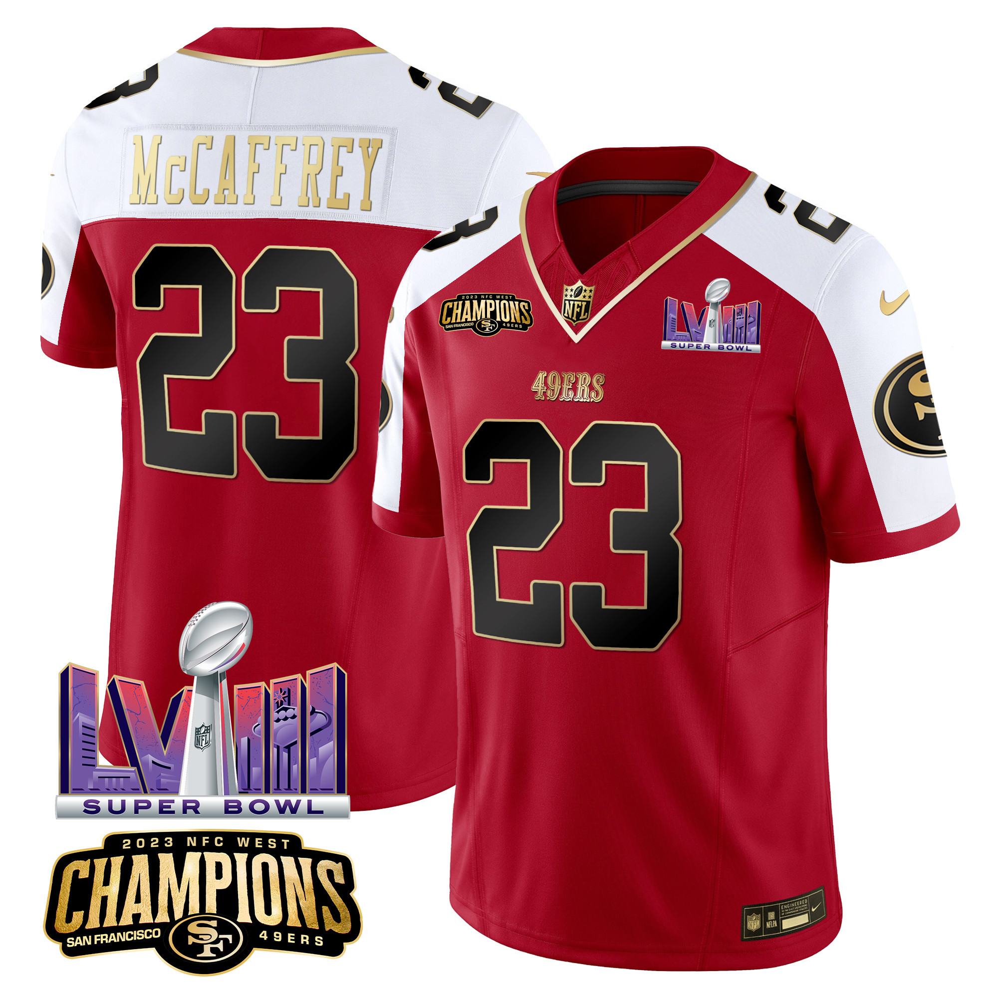 Men's Christian McCaffrey San Francisco 49ers NFC West Champions & Super Bowl LVIII Patch Vapor Alternate Jersey - All Stitched