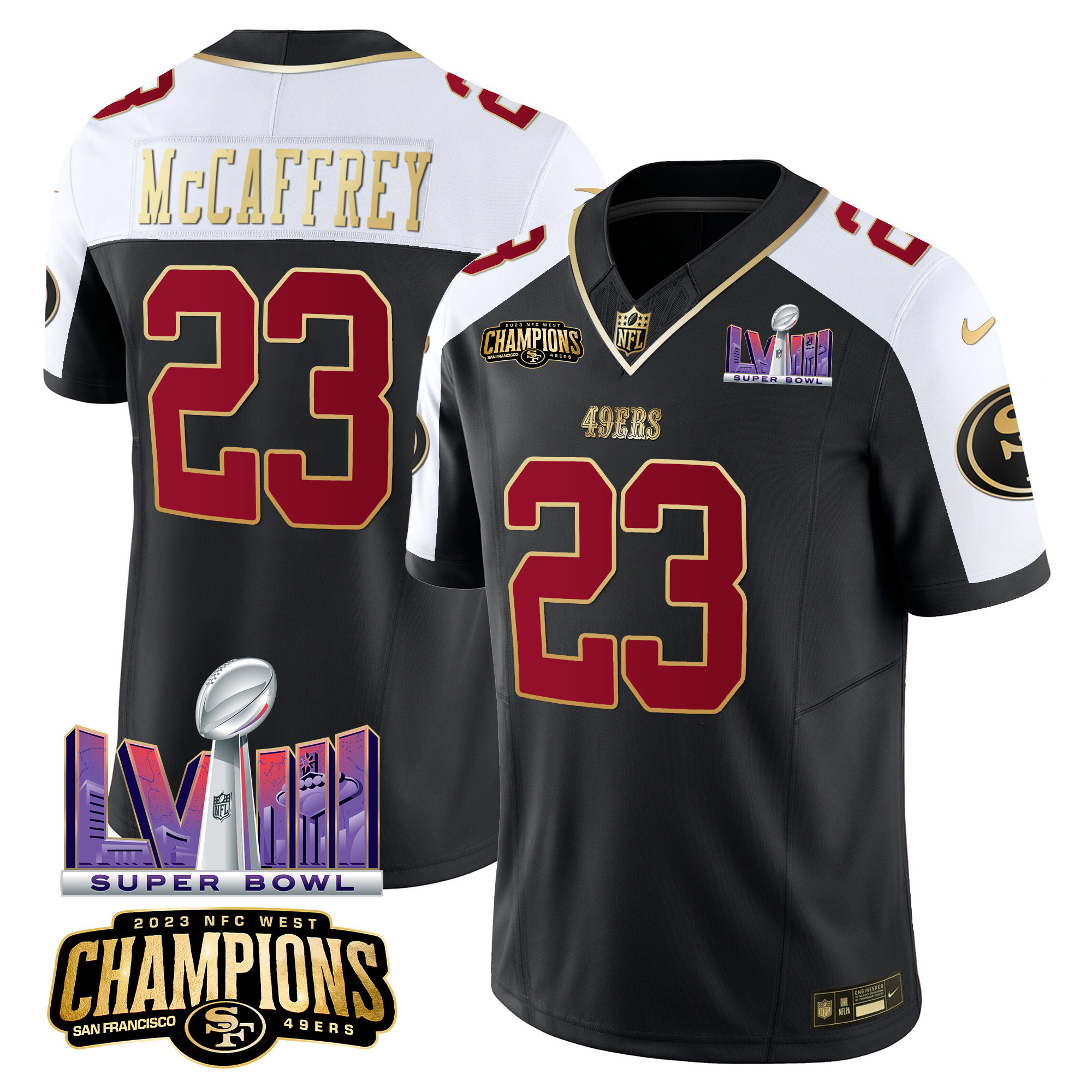 Men's Christian McCaffrey San Francisco 49ers NFC West Champions & Super Bowl LVIII Patch Vapor Black Alternate Jersey - All Stitched