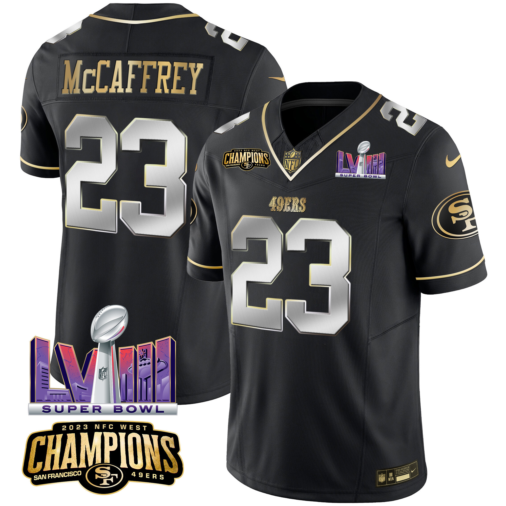 Men's Christian McCaffrey San Francisco 49ers NFC West Champions & Super Bowl LVIII Patch Vapor Black Limited Jersey - All Stitched